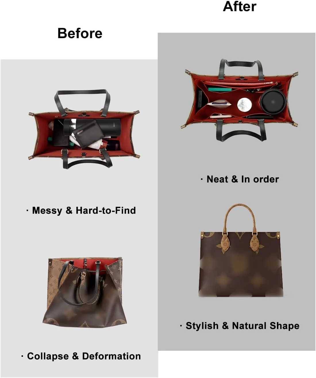 Purse Organizer Insert For Handbags, Tote Bag Organizer Insert, Handbag Organizer For Tote & Handbags, Compatible with Neverful Speedy and More (Small,Red)
