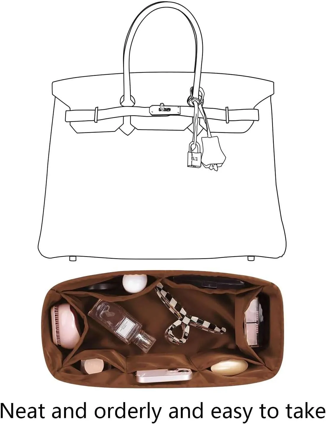 Purse Organizer Insert for Hermes birkin 35 Bags,Gold,Luxury Bags Storage with Silk, Lightweight Shaper for Daily Use, Pockets Large Capacity.