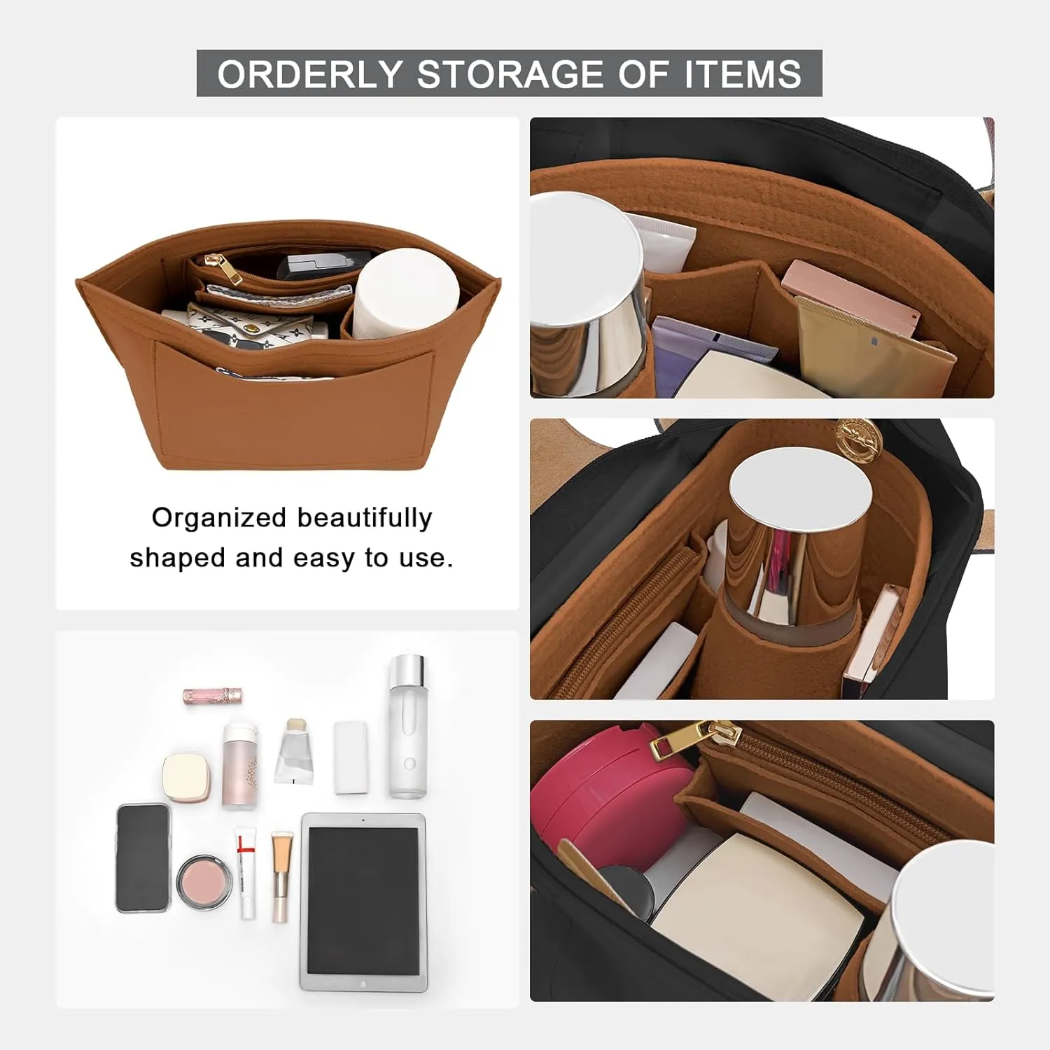 Purse Organizer Insert for Le Pliage Large Handbags Insert Organizer (Brown, Large)