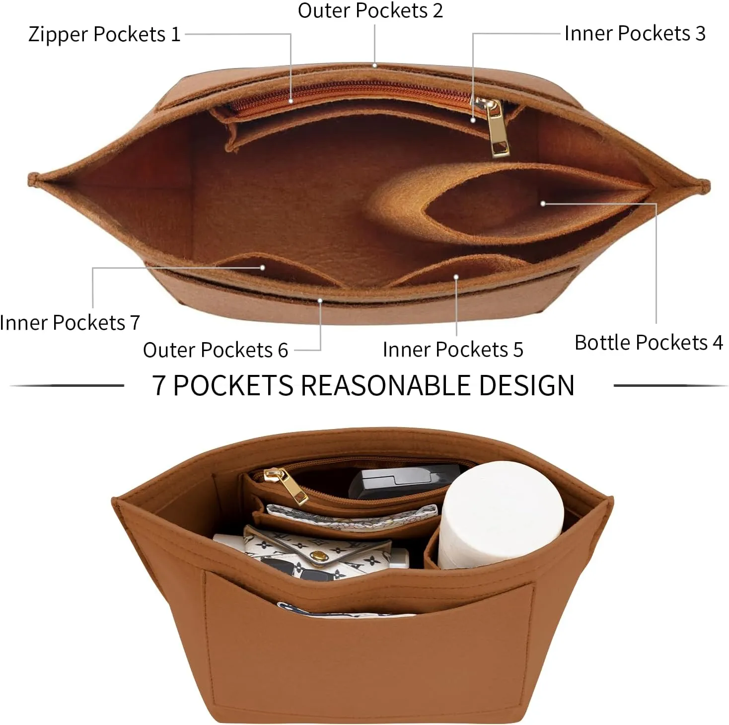 Purse Organizer Insert for Le Pliage Large Handbags Insert Organizer (Brown, Large)