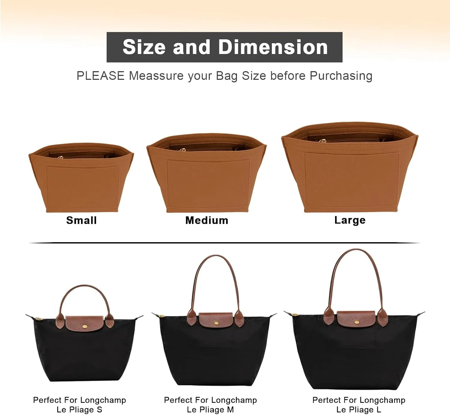 Purse Organizer Insert for Le Pliage Large Handbags Insert Organizer (Brown, Large)