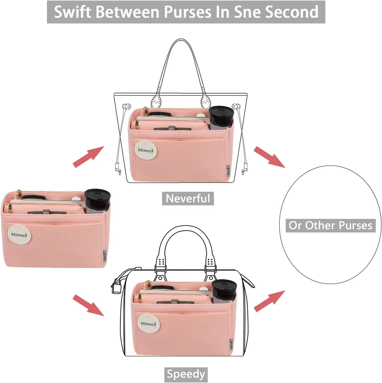 Purse Organizer Insert, Handbag Organizer, Bag in Bag Organizer, Perfect for Speedy Neverfull and More, 5 Sizes (Medium, Brush Pink)