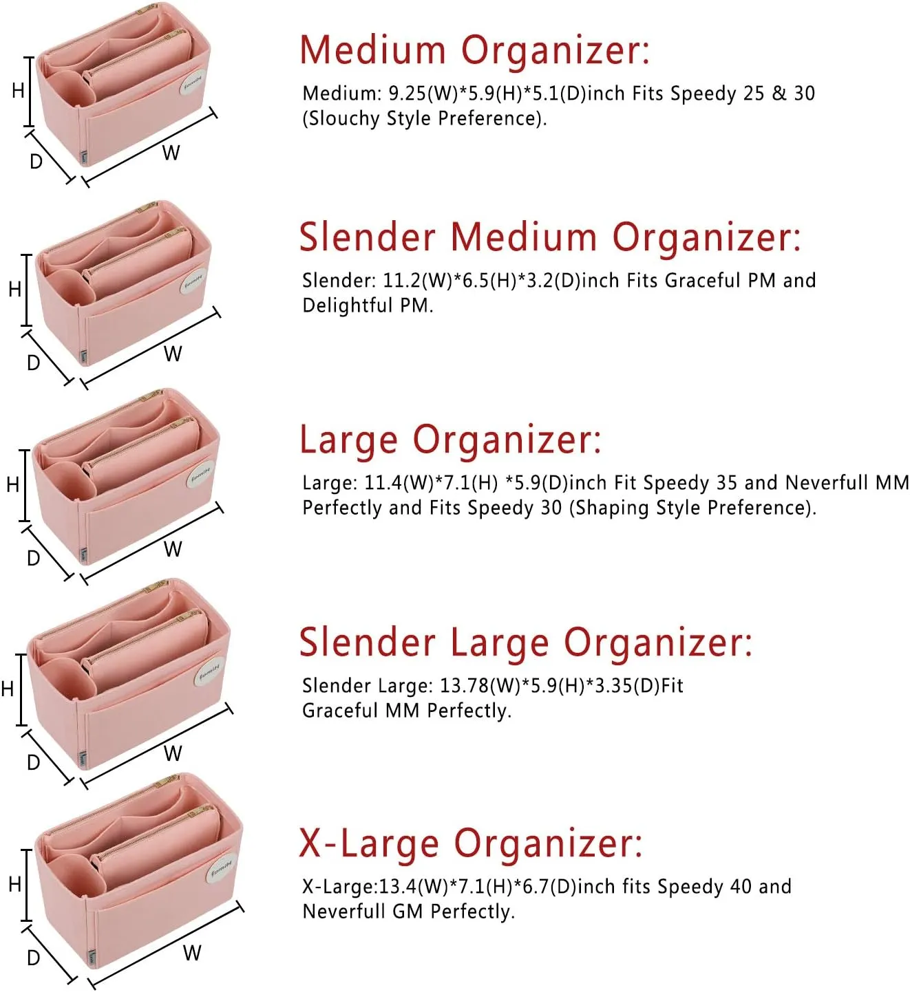 Purse Organizer Insert, Handbag Organizer, Bag in Bag Organizer, Perfect for Speedy Neverfull and More, 5 Sizes (Medium, Brush Pink)