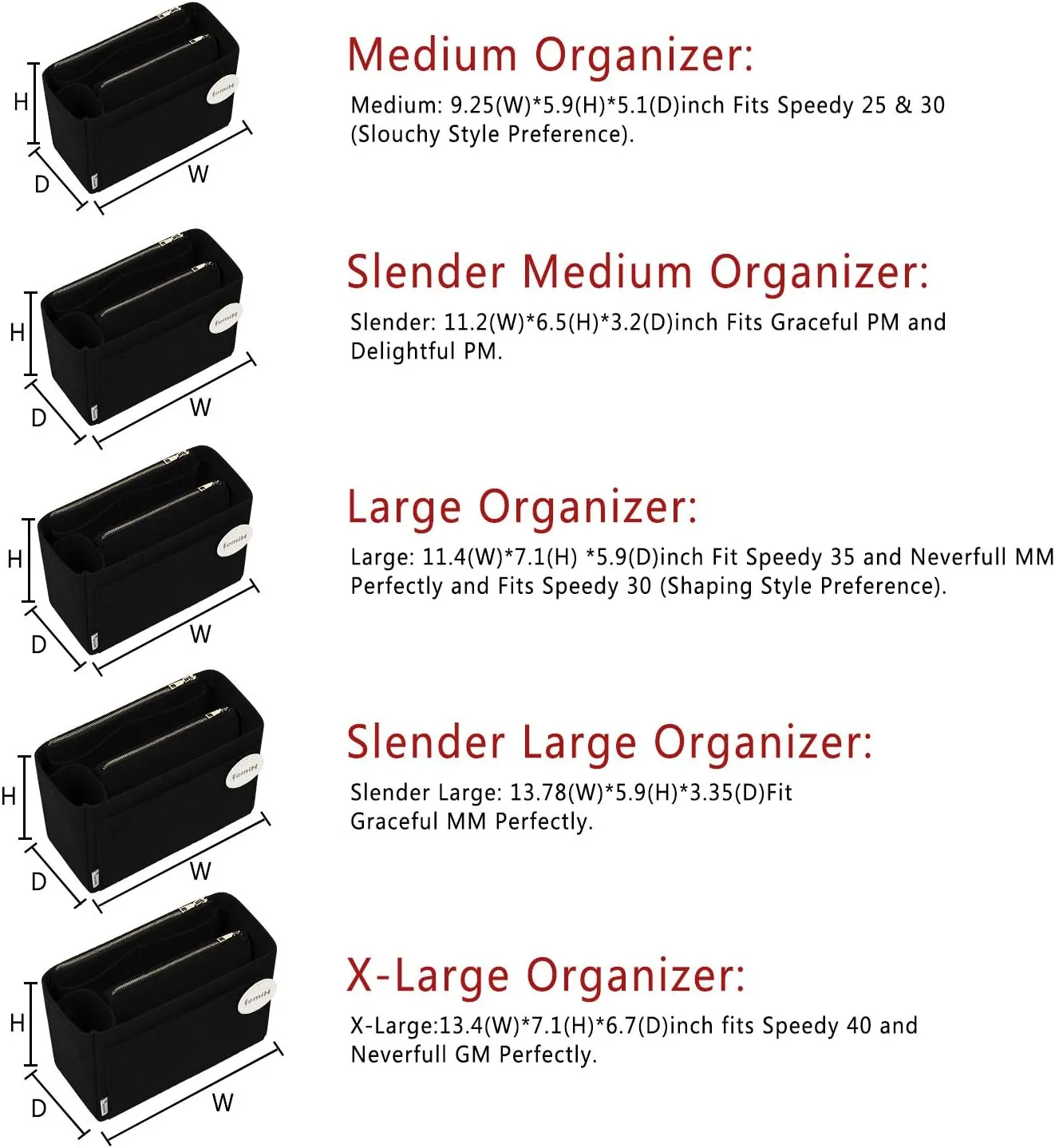 Purse Organizer Insert, Handbag Organizer, Bag in Bag Organizer, Perfect for Speedy Neverfull and More, 5 Sizes (Slender Large, Black)