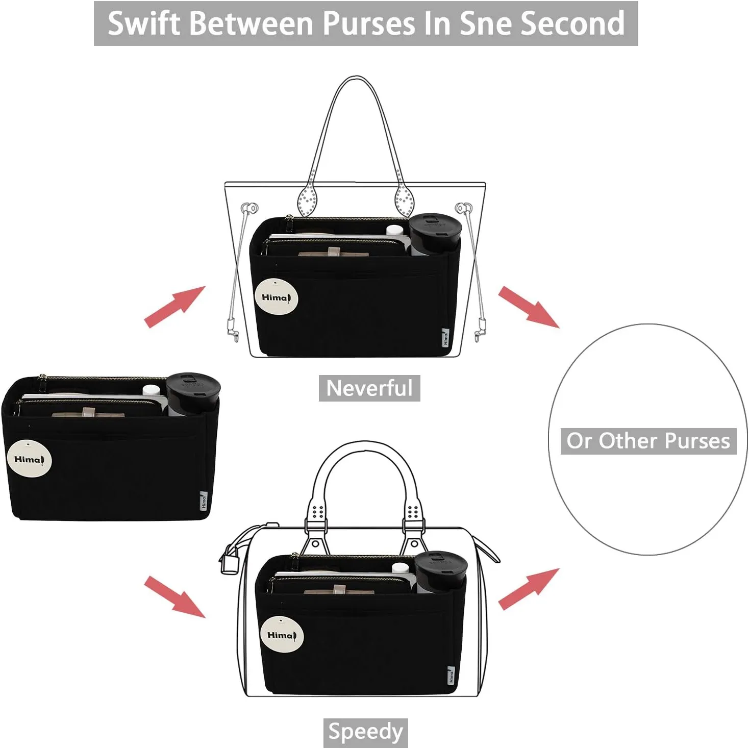 Purse Organizer Insert, Handbag Organizer, Bag in Bag Organizer, Perfect for Speedy Neverfull and More, 5 Sizes (Slender Large, Black)