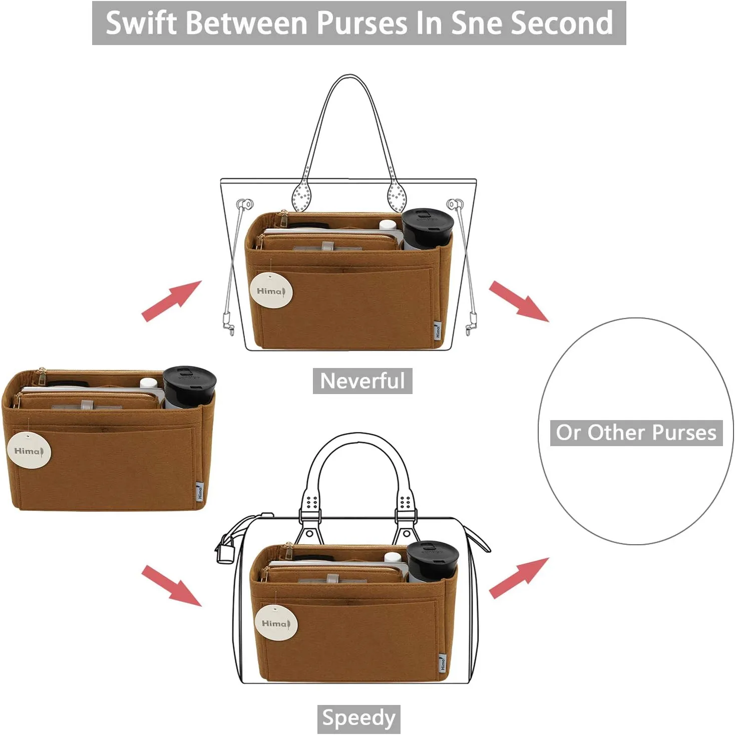 Purse Organizer Insert, Handbag Organizer, Bag in Bag Organizer, Perfect for Speedy Neverfull and More, 5 Sizes (Slender Large, Lighting Coffee)