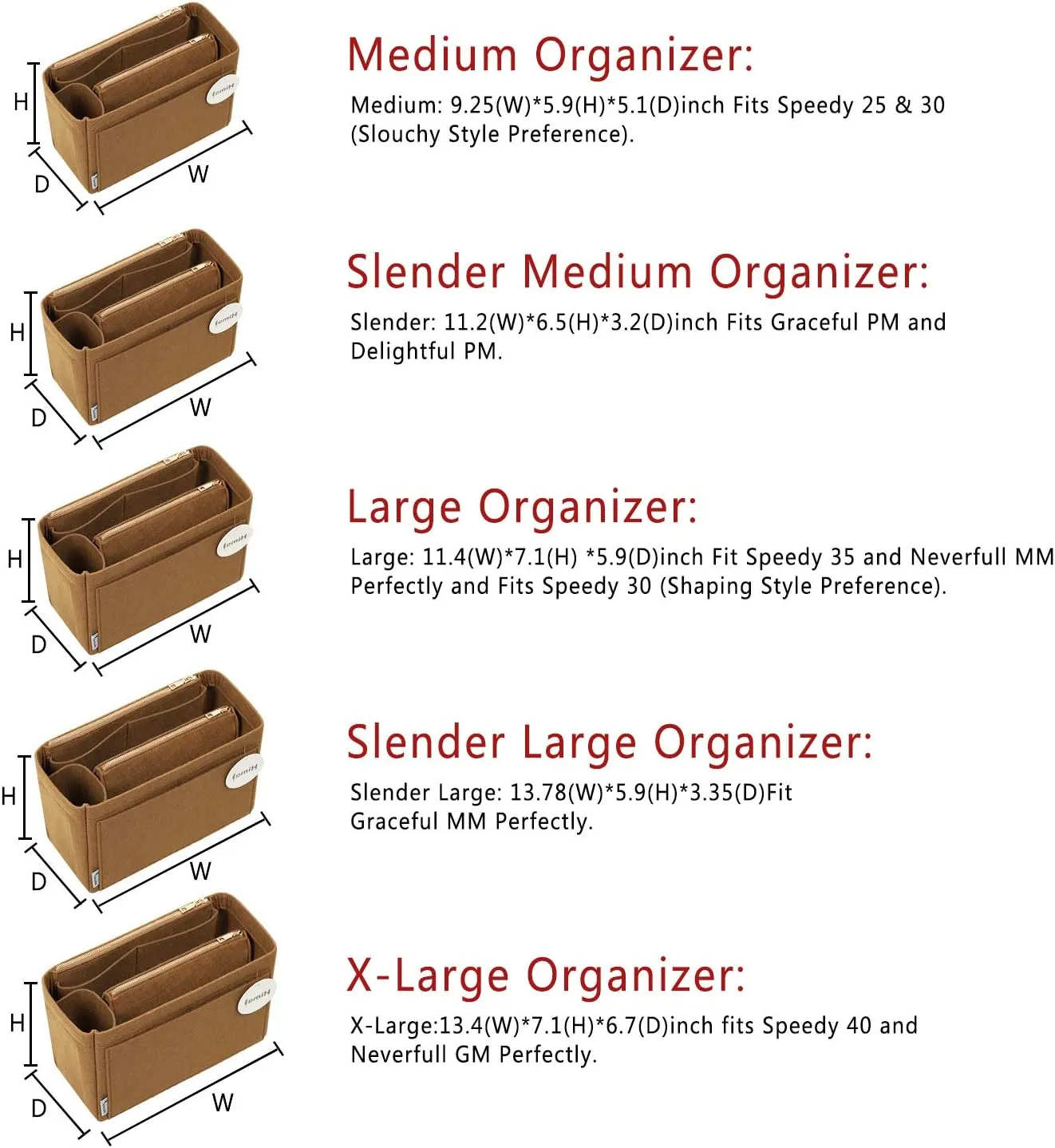 Purse Organizer Insert, Handbag Organizer, Bag in Bag Organizer, Perfect for Speedy Neverfull and More, 5 Sizes (Slender Large, Lighting Coffee)