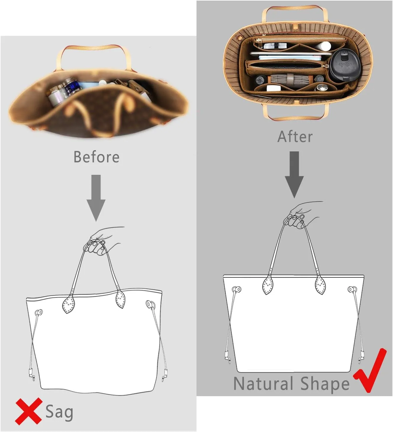 Purse Organizer Insert, Handbag Organizer, Bag in Bag Organizer, Perfect for Speedy Neverfull and More, 5 Sizes (Slender Large, Lighting Coffee)
