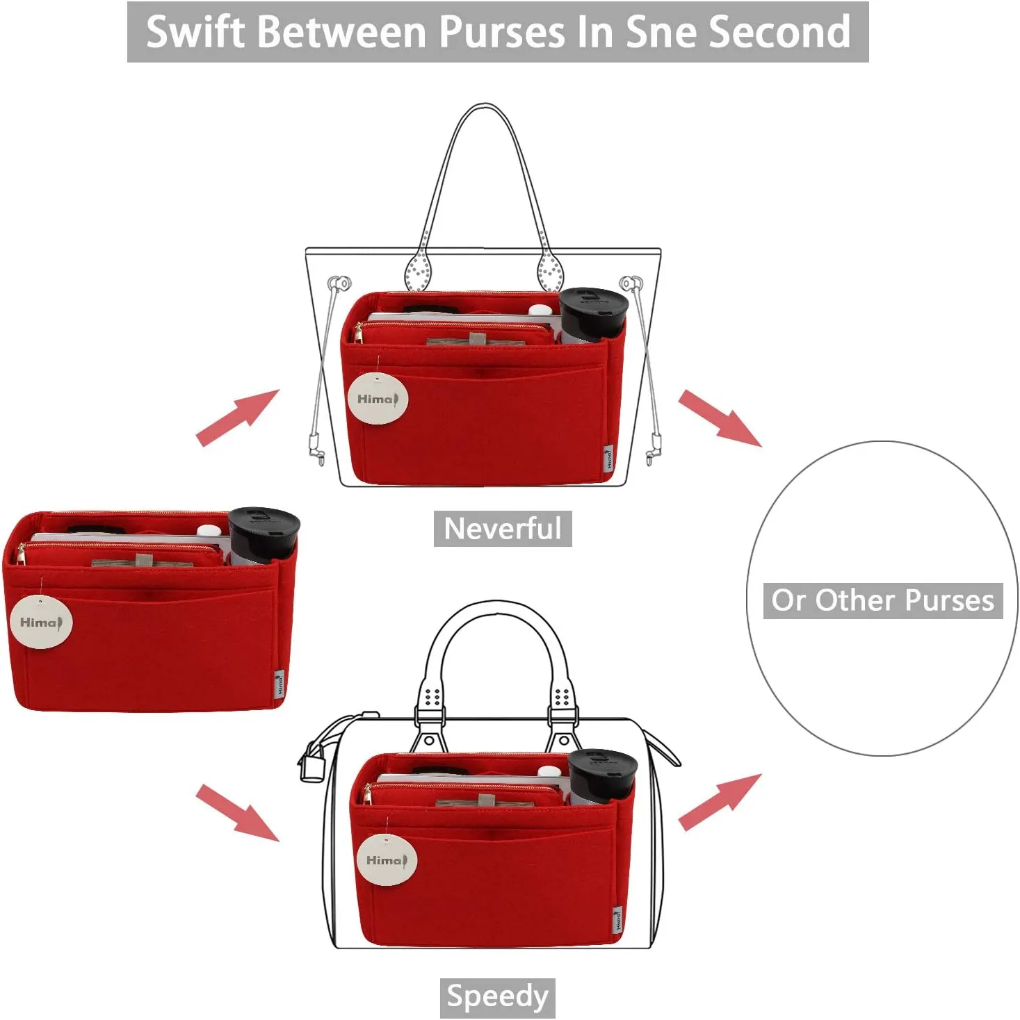 Purse Organizer Insert, Handbag Organizer, Bag in Bag Organizer, Perfect for Speedy Neverfull and More, 5 Sizes (Slender Large, Red)