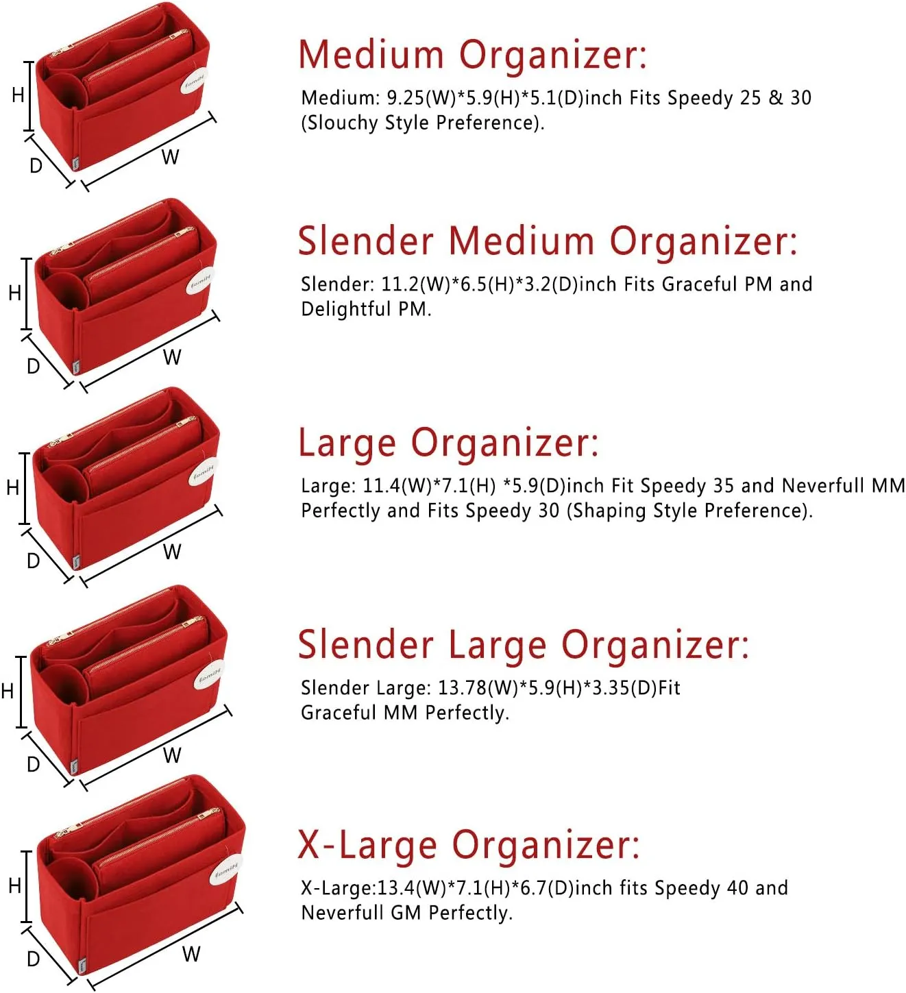 Purse Organizer Insert, Handbag Organizer, Bag in Bag Organizer, Perfect for Speedy Neverfull and More, 5 Sizes (Slender Large, Red)