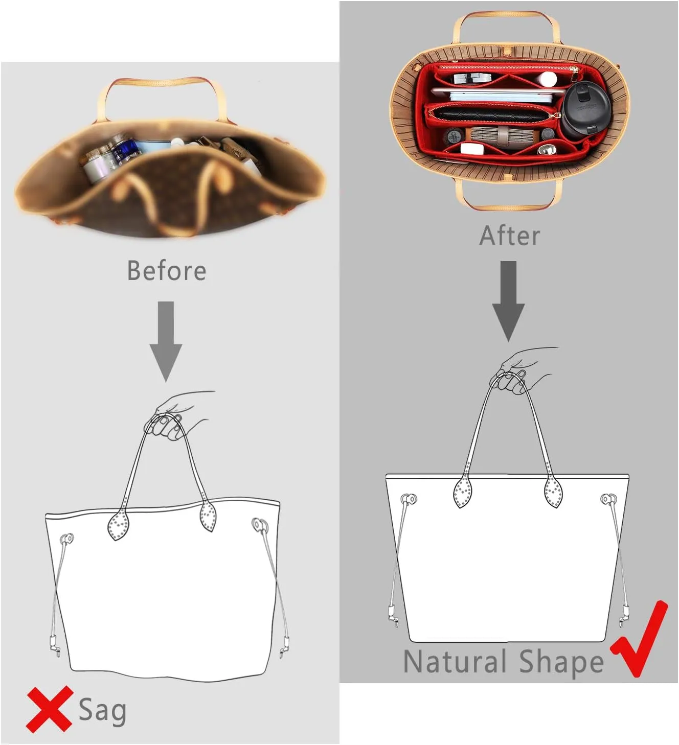 Purse Organizer Insert, Handbag Organizer, Bag in Bag Organizer, Perfect for Speedy Neverfull and More, 5 Sizes (Slender Large, Red)