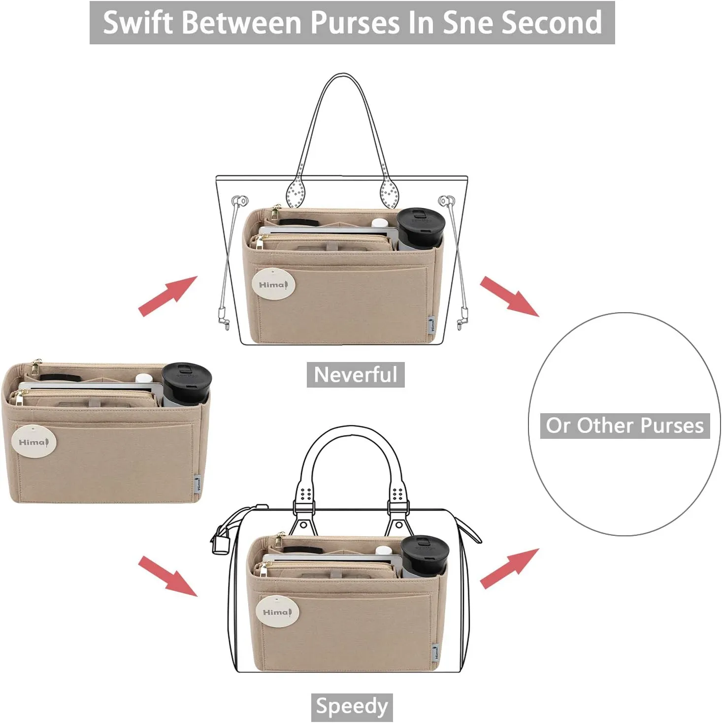 Purse Organizer Insert, Handbag Organizer, Bag in Bag Organizer, Perfect for Speedy Neverfull and More, 5 Sizes (X-Large, Beige)