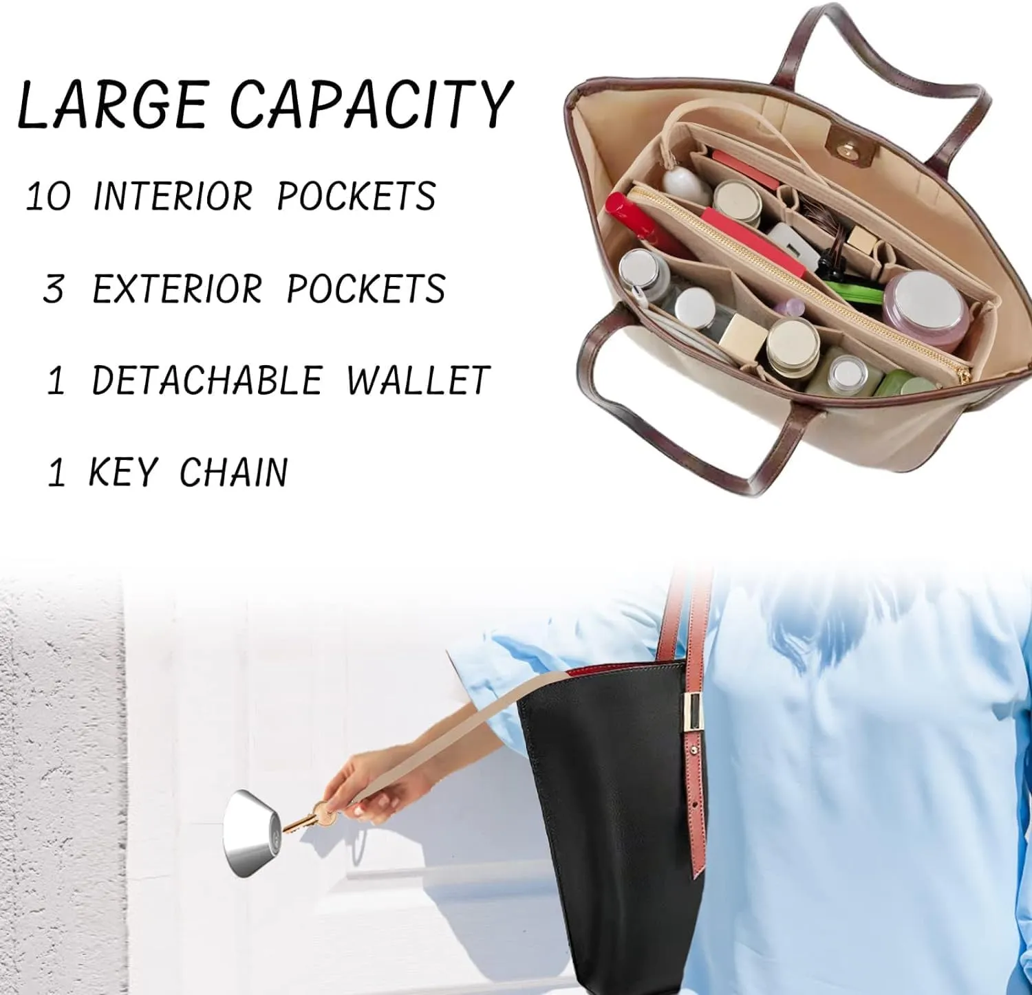 Purse Organizer Insert with Zipper Felt Bag Organizer Handbag Organizer Insert Bag in Bag Organizer with Key Chain for Tote Purse Bag Beige XLarge
