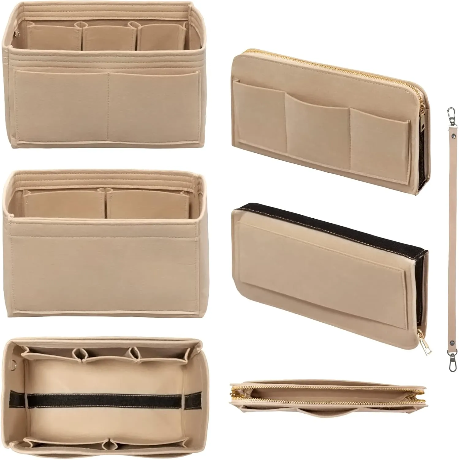 Purse Organizer Insert with Zipper Felt Bag Organizer Handbag Organizer Insert Bag in Bag Organizer with Key Chain for Tote Purse Bag Beige XLarge