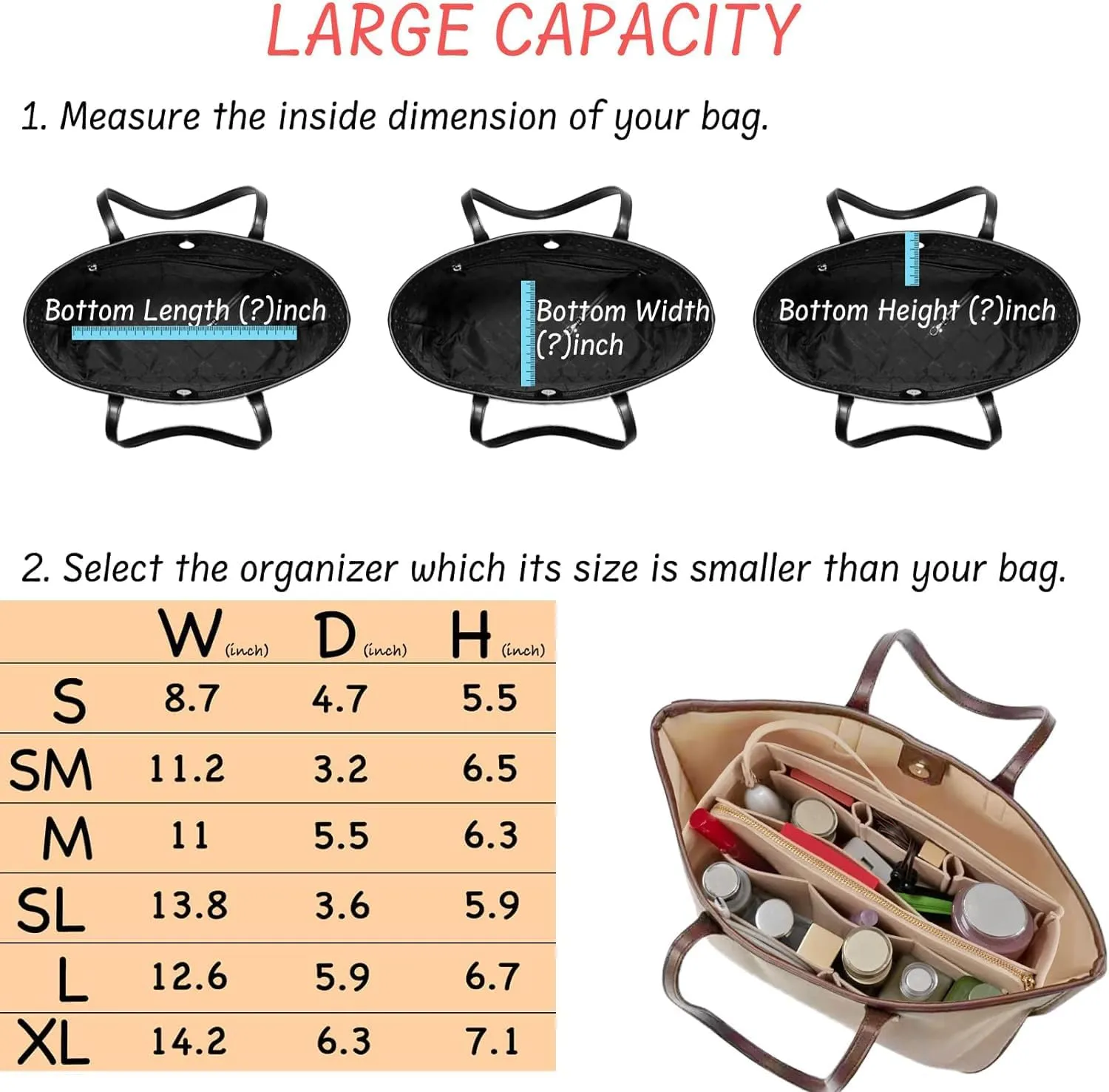 Purse Organizer Insert with Zipper Felt Bag Organizer Handbag Organizer Insert Bag in Bag Organizer with Key Chain for Tote Purse Bag Beige XLarge