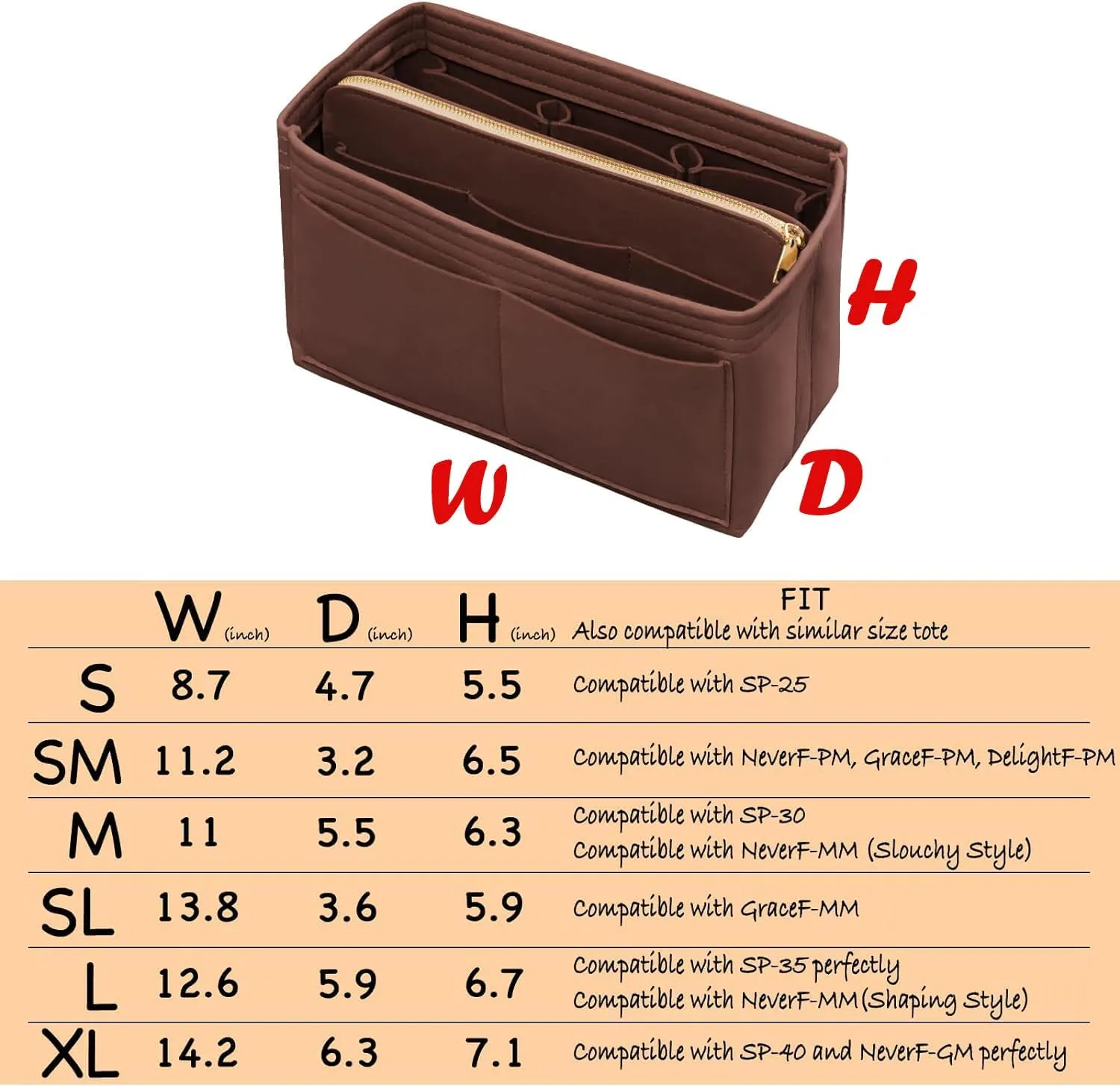 Purse Organizer Insert with Zipper Felt Bag Organizer Handbag Organizer Insert Bag in Bag Organizer with Key Chain for Tote Purse Bag Brown XLarge