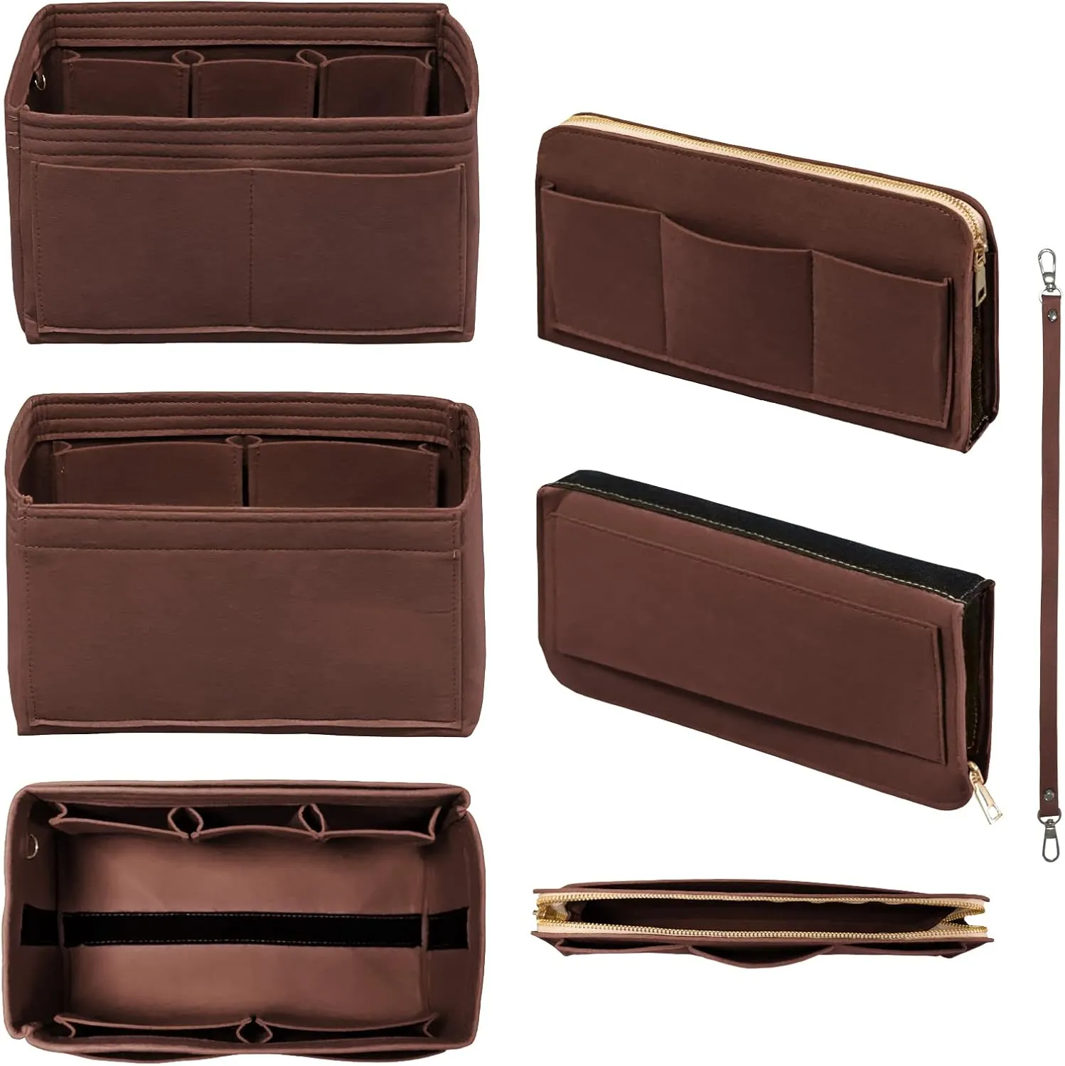 Purse Organizer Insert with Zipper Felt Bag Organizer Handbag Organizer Insert Bag in Bag Organizer with Key Chain for Tote Purse Bag Brown XLarge