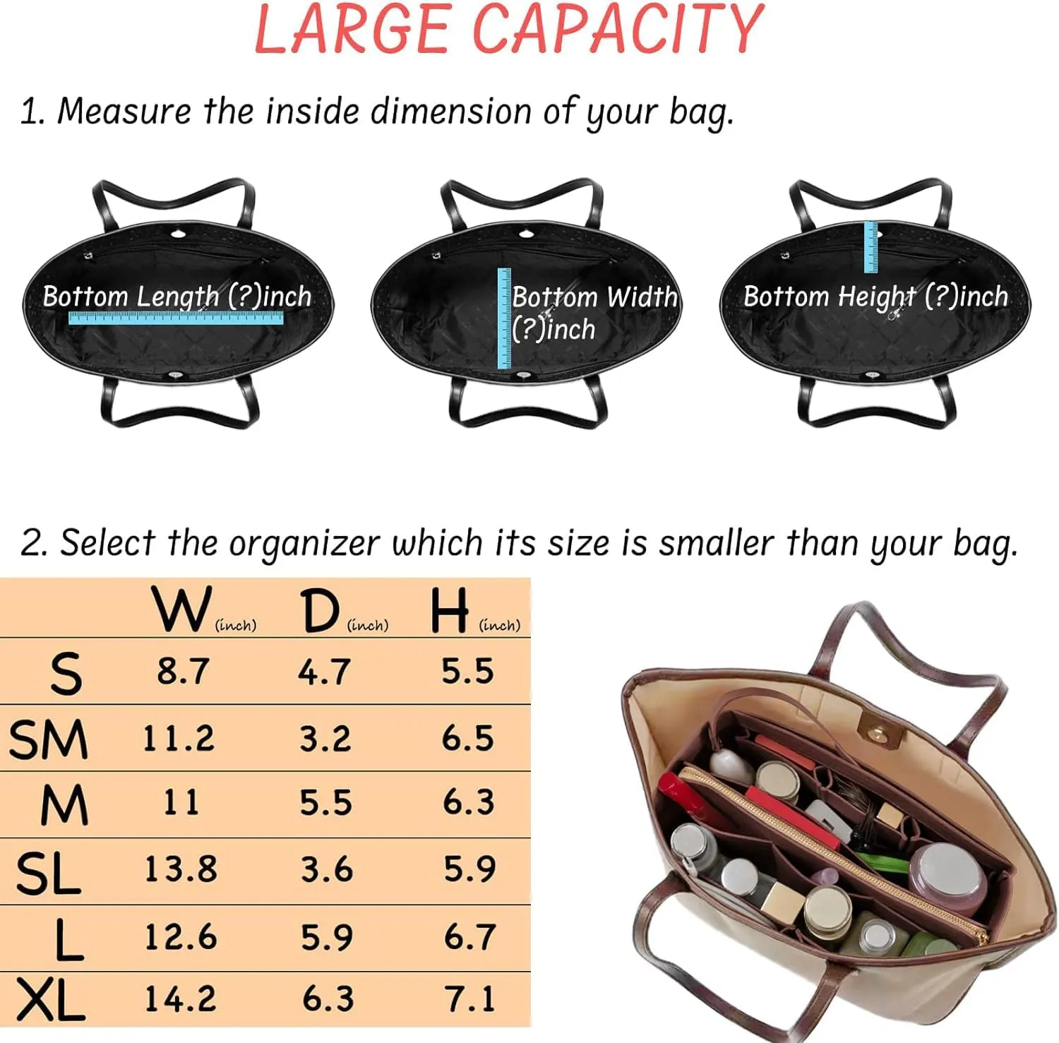 Purse Organizer Insert with Zipper Felt Bag Organizer Handbag Organizer Insert Bag in Bag Organizer with Key Chain for Tote Purse Bag Brown XLarge