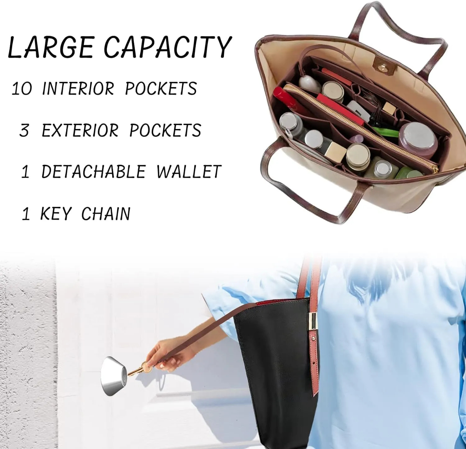 Purse Organizer Insert with Zipper Felt Bag Organizer Handbag Organizer Insert Bag in Bag Organizer with Key Chain for Tote Purse Bag Brown XLarge
