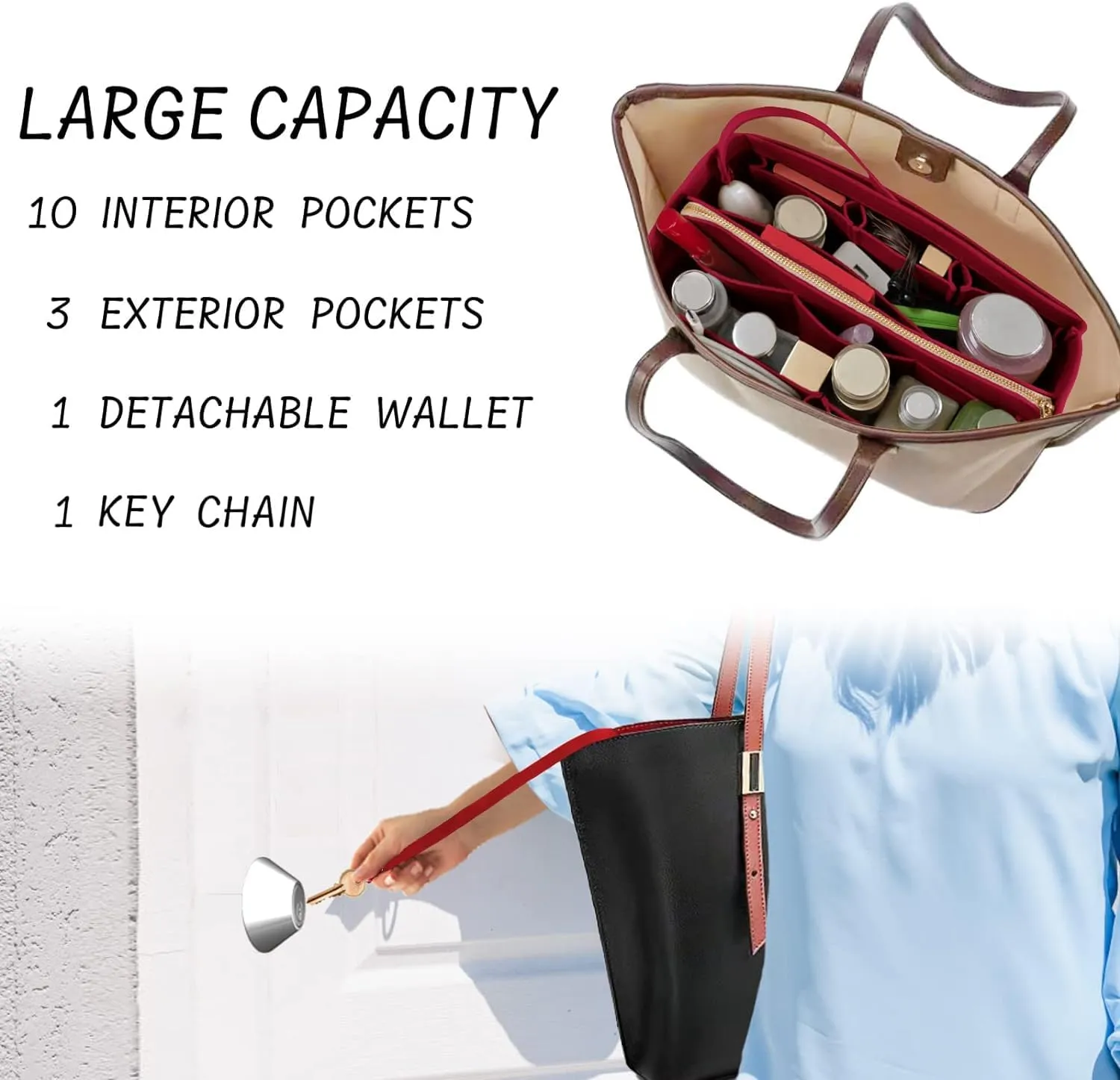 Purse Organizer Insert with Zipper Felt Bag Organizer Handbag Organizer Insert Bag in Bag Organizer with Key Chain for Tote Purse Bag Dark Red Small