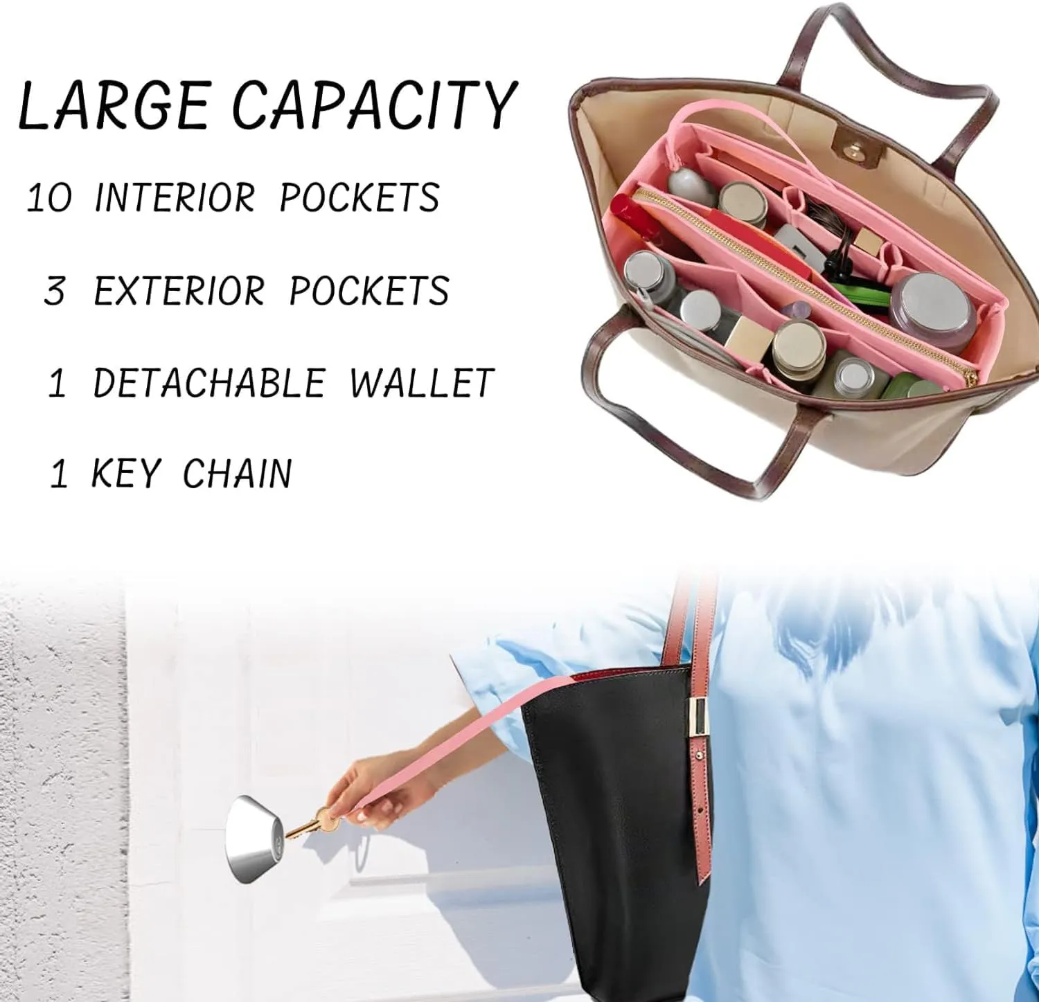 Purse Organizer Insert with Zipper Felt Bag Organizer Handbag Organizer Insert Bag in Bag Organizer with Key Chain for Tote Purse Bag Pink Large