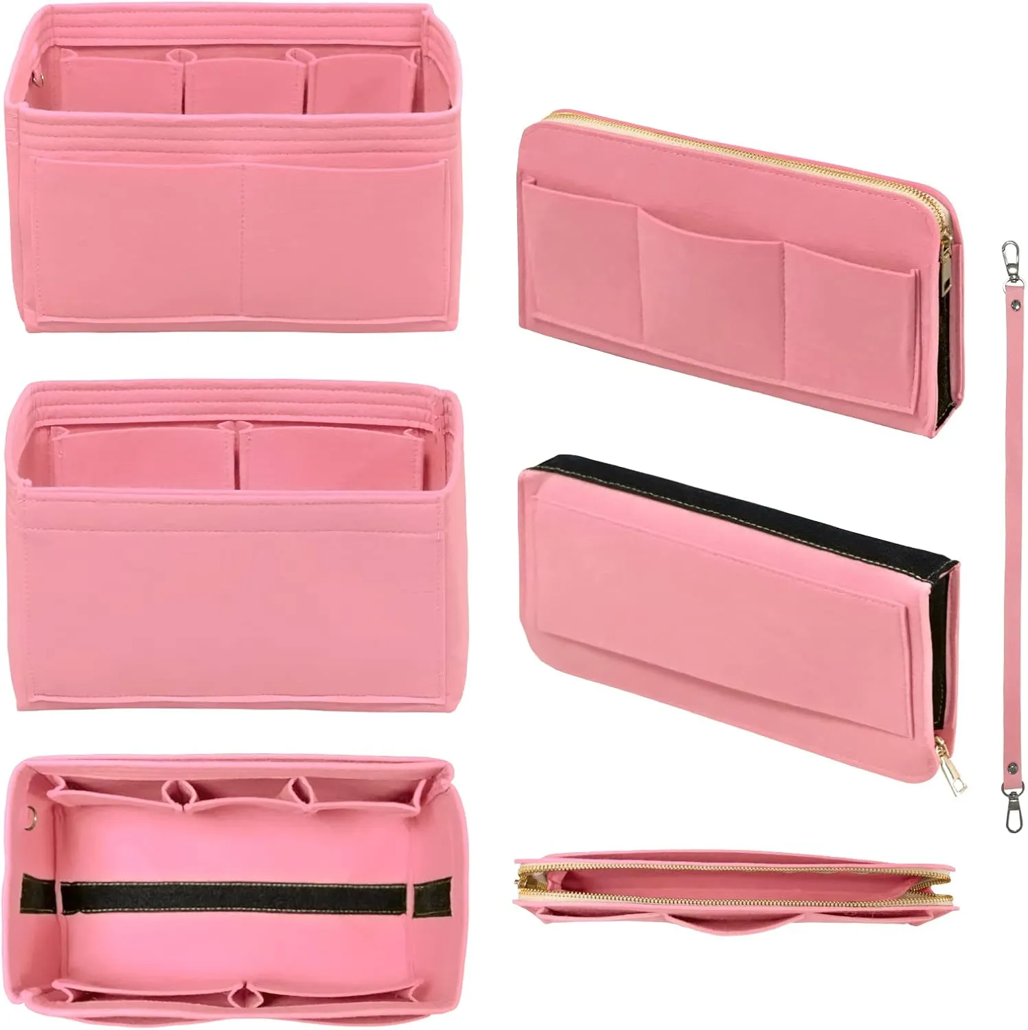 Purse Organizer Insert with Zipper Felt Bag Organizer Handbag Organizer Insert Bag in Bag Organizer with Key Chain for Tote Purse Bag Pink Large