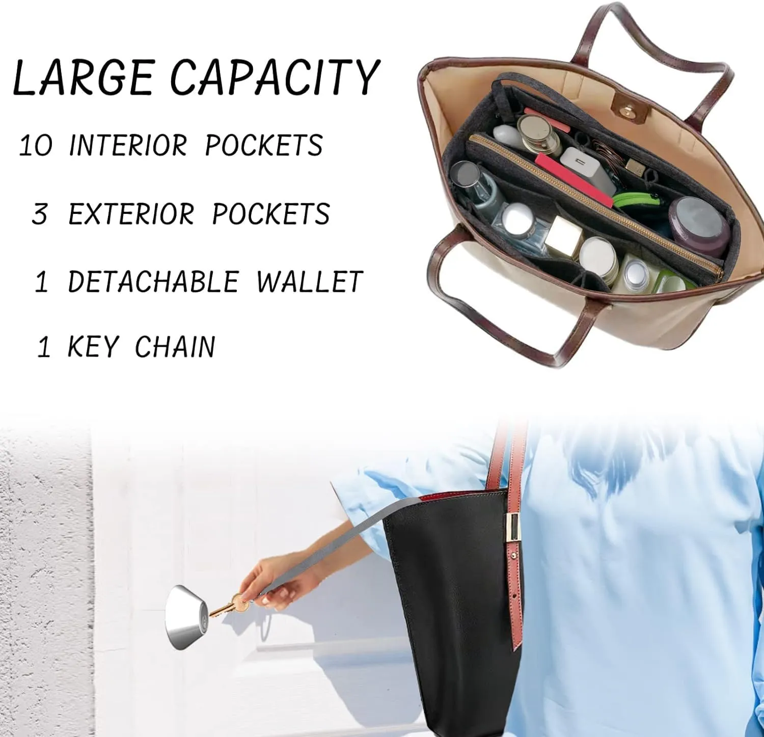 Purse Organizer Insert with Zipper Felt Bag Organizer Handbag Organizer Insert Bag in Grey Large