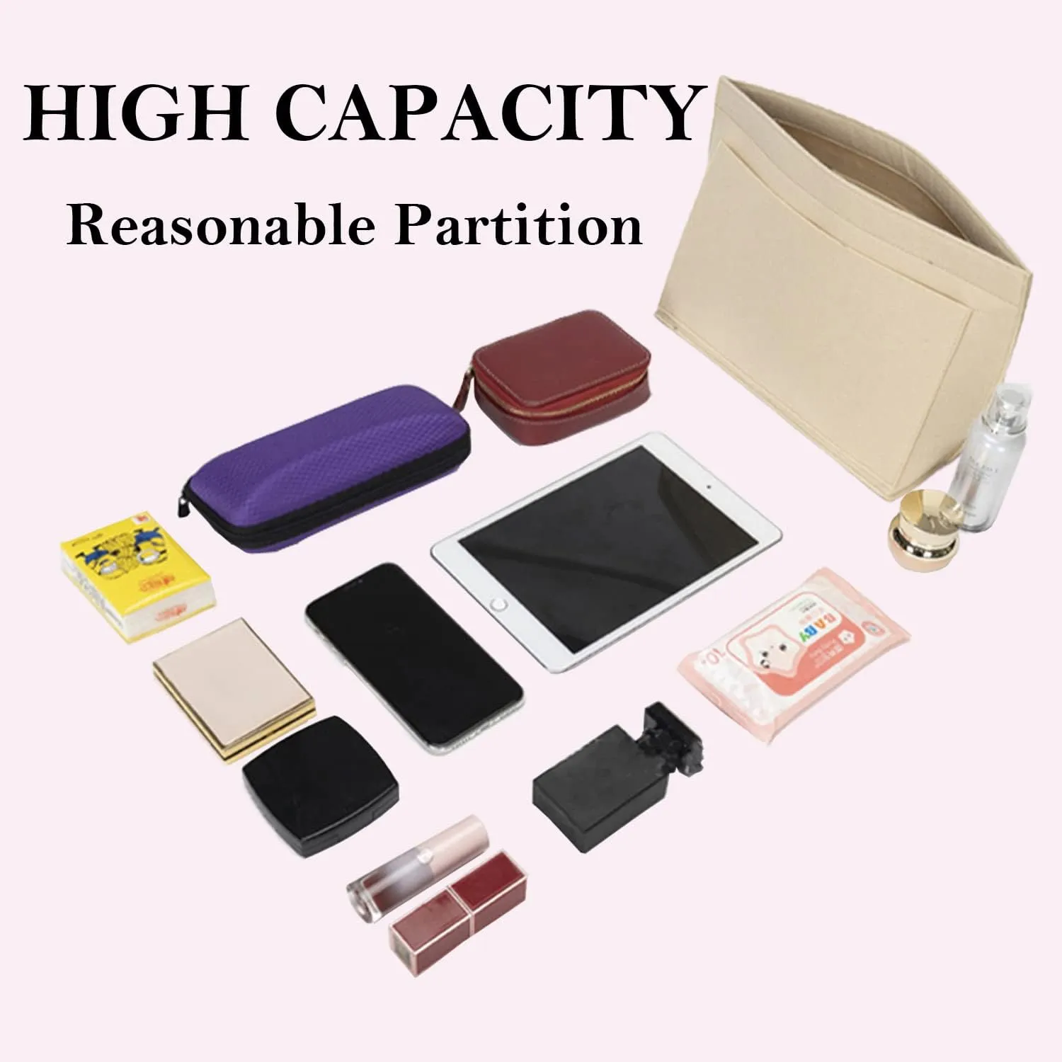 Purse Organizer, Multi-Pocket Felt Handbag Organizer, Folding Tote Bag organizer insert for Insert Wallet Organizer Suitable for Longchamp (Deep Red, Medium)