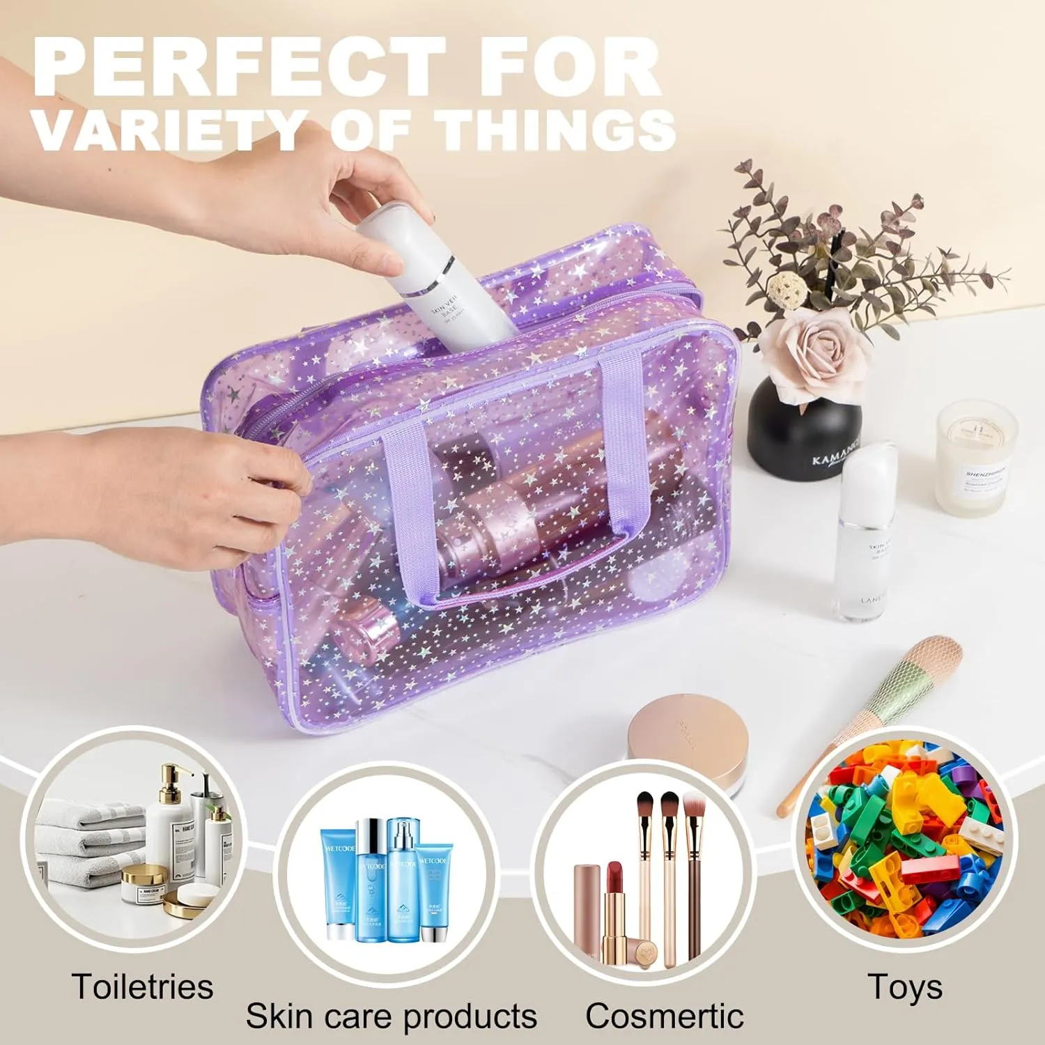 PVC Clear Makeup Bag for Women Waterproof Star Make Up Bag Toiletry Bag Travel Durable Cosmetic Bag Large Cute Tote Bag Organizer Makeup Pouch, Purple