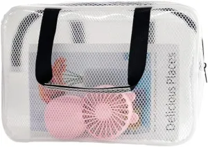 PVC Clear Pure Color Transparent Gift Pouch Wash Travel Makeup Cosmetic Bag with Handle for Travel Bathroom Toiletry Organizer (Black handle)