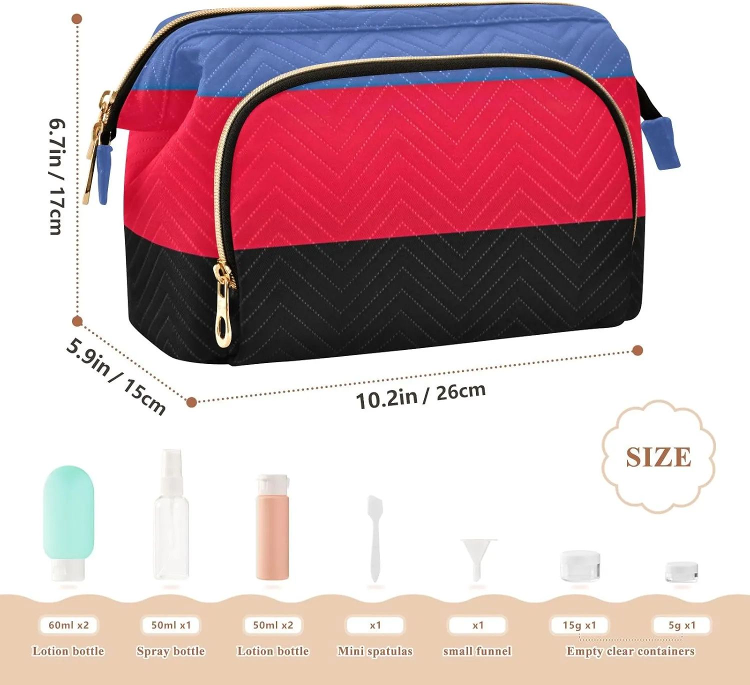 Quilted Cosmetic Bag with 9-Piece Accessory Set, Polyamorous Pride Flag Sexual Identity Travel Cosmetic Organizer Toiletry Bag Travel Cosmetics Bags Women Large Capacity Makeup Organizer