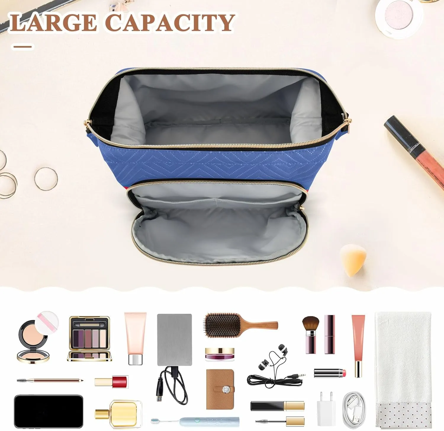 Quilted Cosmetic Bag with 9-Piece Accessory Set, Polyamorous Pride Flag Sexual Identity Travel Cosmetic Organizer Toiletry Bag Travel Cosmetics Bags Women Large Capacity Makeup Organizer