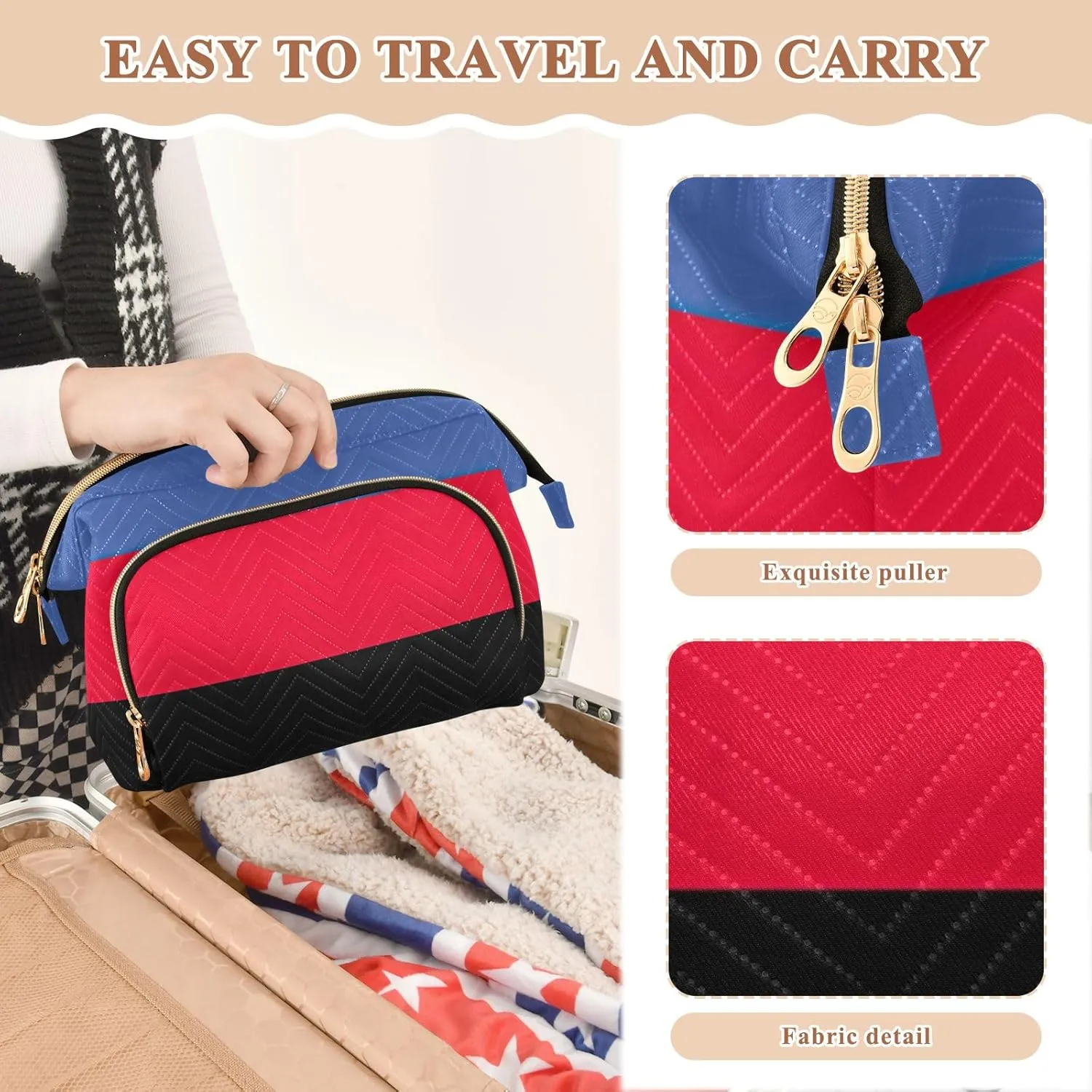 Quilted Cosmetic Bag with 9-Piece Accessory Set, Polyamorous Pride Flag Sexual Identity Travel Cosmetic Organizer Toiletry Bag Travel Cosmetics Bags Women Large Capacity Makeup Organizer