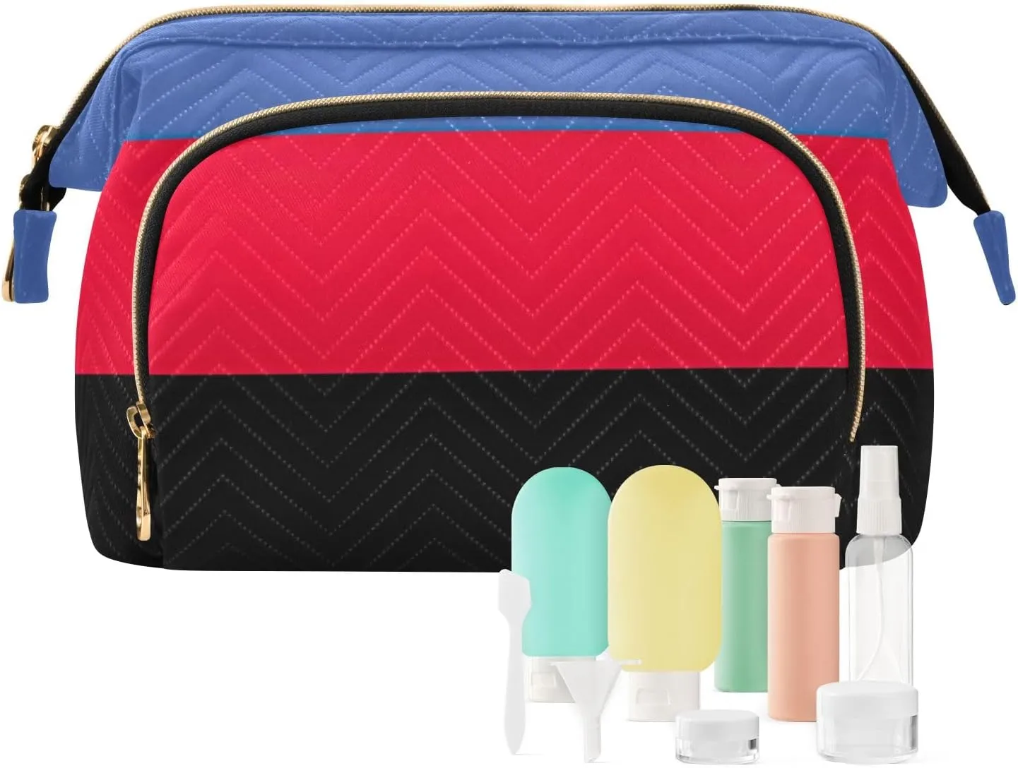 Quilted Cosmetic Bag with 9-Piece Accessory Set, Polyamorous Pride Flag Sexual Identity Travel Cosmetic Organizer Toiletry Bag Travel Cosmetics Bags Women Large Capacity Makeup Organizer