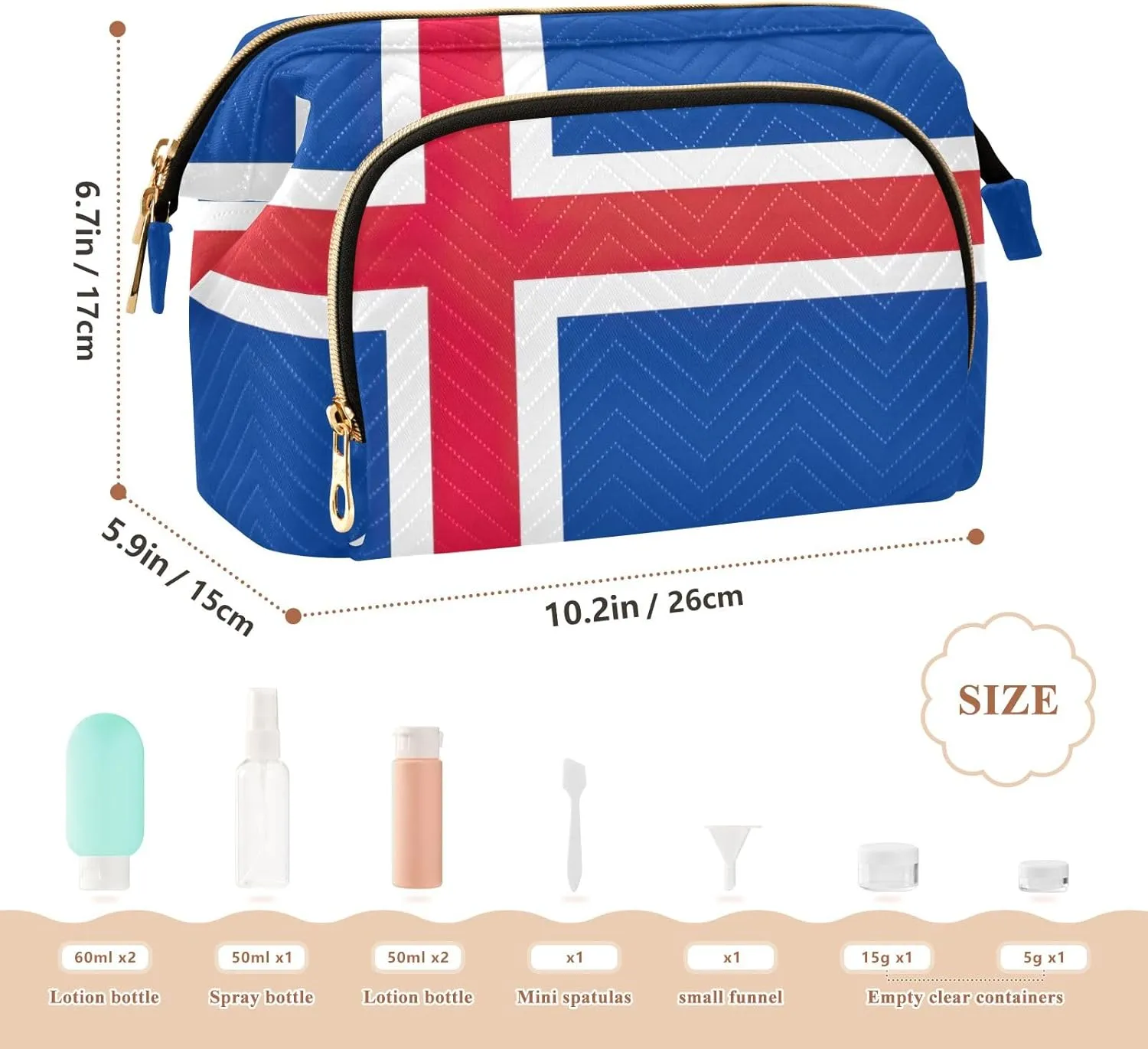 Quilted Cosmetics Bag with 9-Piece Accessory Set, Iceland Flag Travel Toiletry Bag Makeup Cosmetic Bags Makeup Bag Travel Cosmetic Bag Toiletry Bag Organizer Pouch