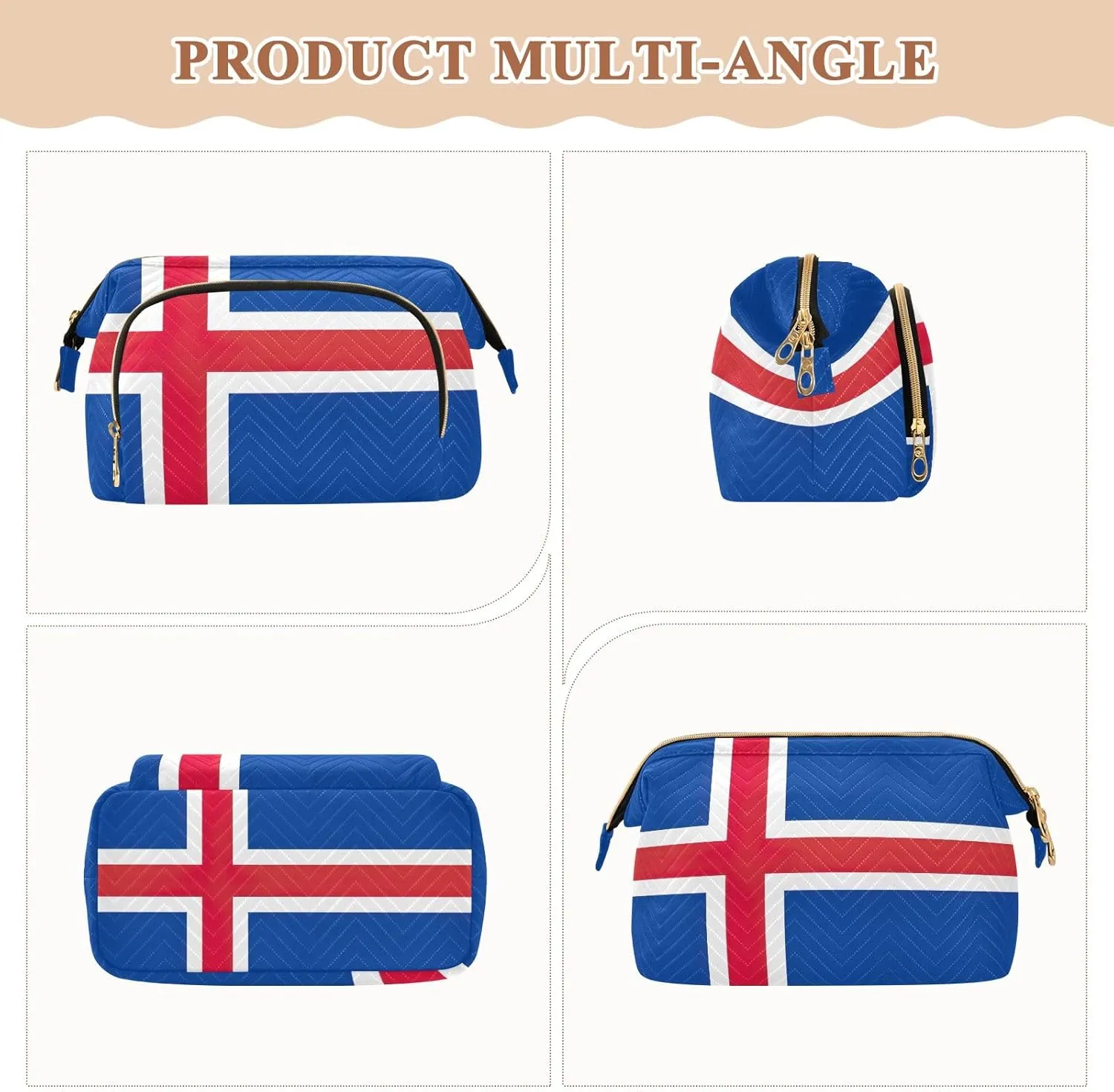 Quilted Cosmetics Bag with 9-Piece Accessory Set, Iceland Flag Travel Toiletry Bag Makeup Cosmetic Bags Makeup Bag Travel Cosmetic Bag Toiletry Bag Organizer Pouch