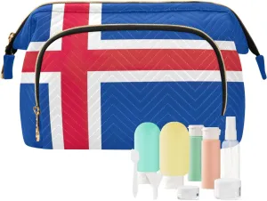 Quilted Cosmetics Bag with 9-Piece Accessory Set, Iceland Flag Travel Toiletry Bag Makeup Cosmetic Bags Makeup Bag Travel Cosmetic Bag Toiletry Bag Organizer Pouch