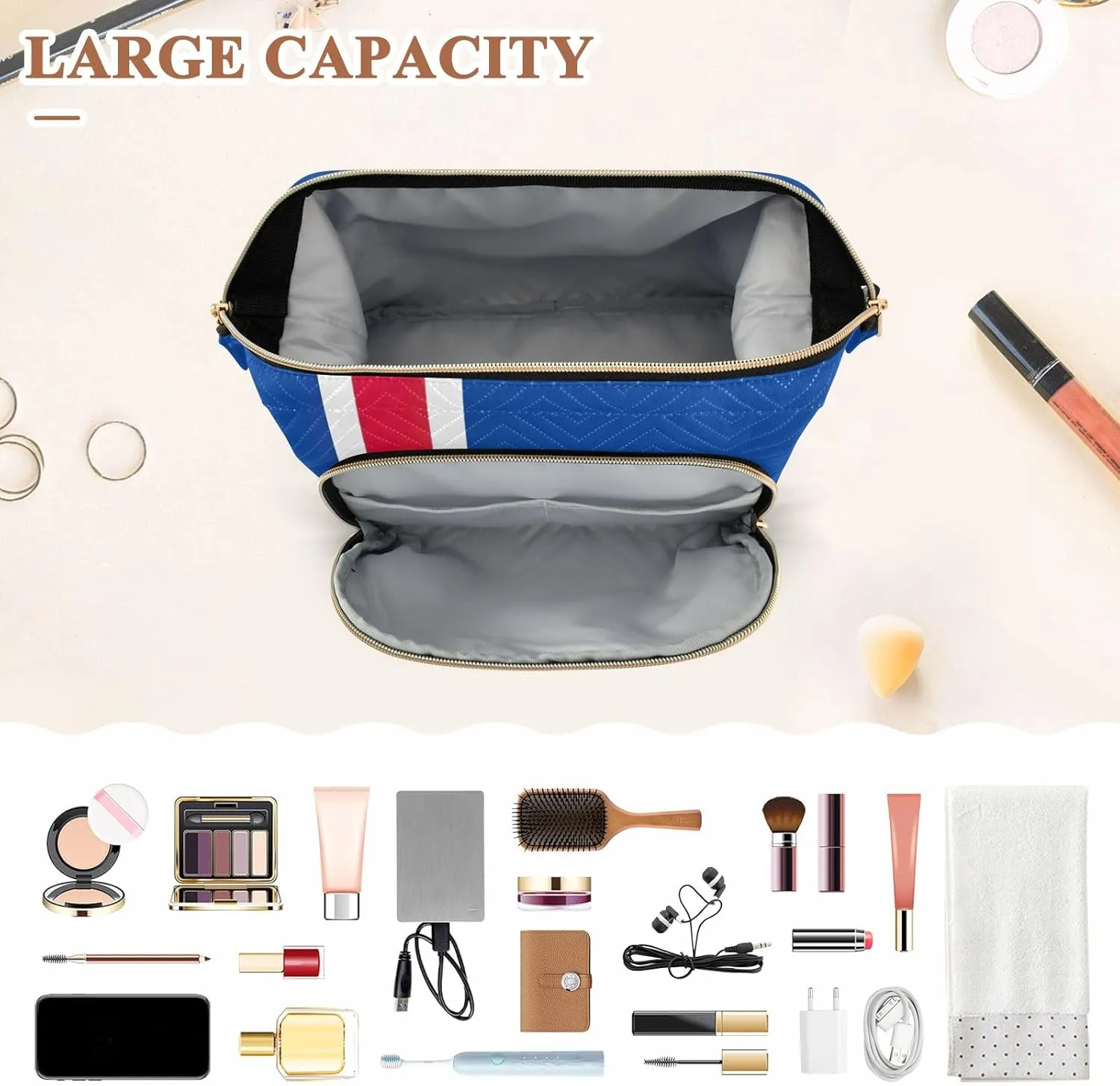 Quilted Cosmetics Bag with 9-Piece Accessory Set, Iceland Flag Travel Toiletry Bag Makeup Cosmetic Bags Makeup Bag Travel Cosmetic Bag Toiletry Bag Organizer Pouch