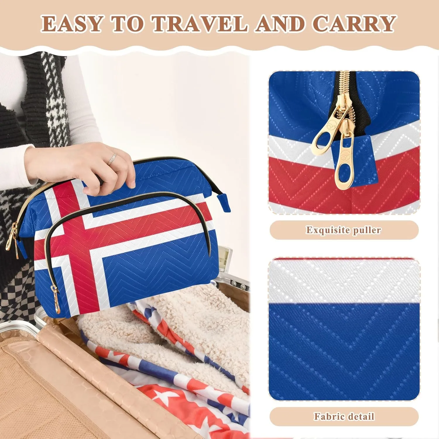 Quilted Cosmetics Bag with 9-Piece Accessory Set, Iceland Flag Travel Toiletry Bag Makeup Cosmetic Bags Makeup Bag Travel Cosmetic Bag Toiletry Bag Organizer Pouch