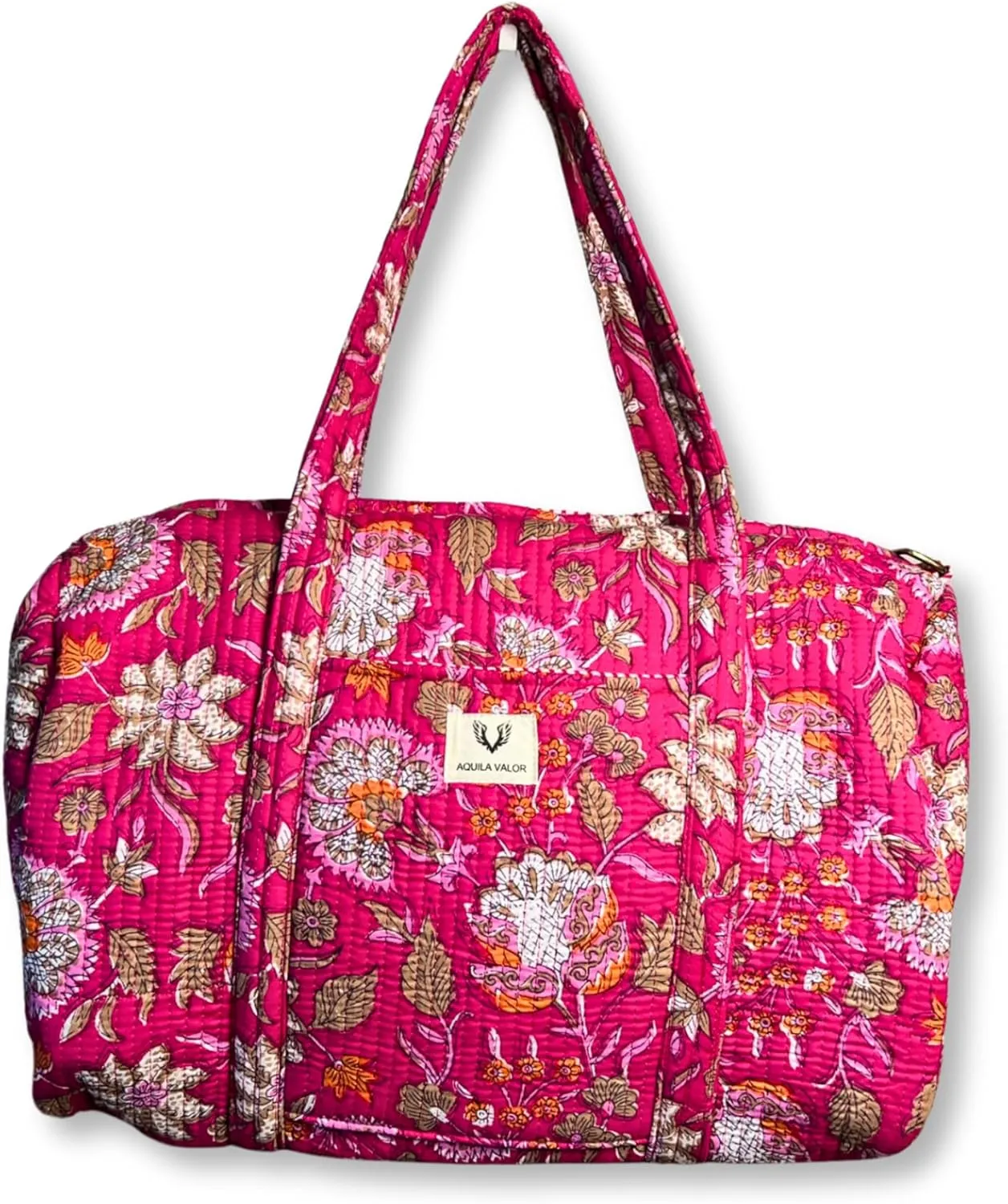 Quilted Cotton Travel Duffel Bag Weekender Short Trip Reinforced Stitching Gift for Her (Blossom Pop)