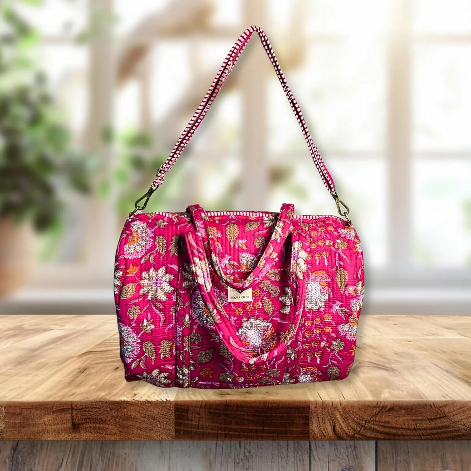 Quilted Cotton Travel Duffel Bag Weekender Short Trip Reinforced Stitching Gift for Her (Blossom Pop)