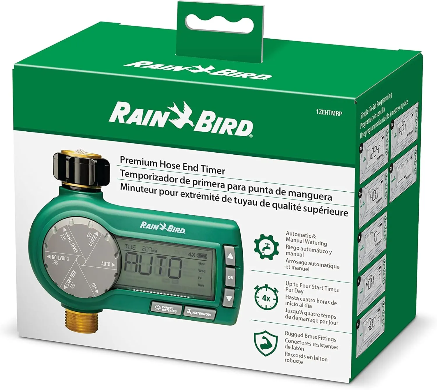 Rain Bird 1ZEHTMRP Premium Professional Grade Electronic Digital Hose End Timer/Controller, One Zone/Station, Battery Operated, Brass Inlet/Outlet