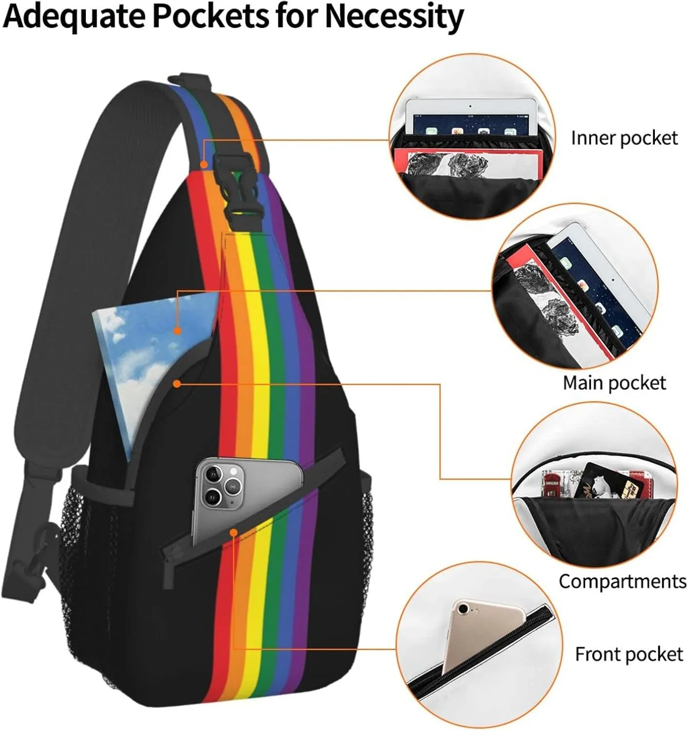 Rainbow LGBT Pride Sling Backpack, Multipurpose Lgbt Crossbody Shoulder Bag Travel Hiking Daypack for Men Women