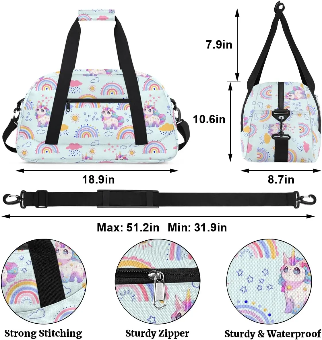 Rainbow Unicorn Kids Duffle Bag, Overnight Weekender Bag Travel Duffle Bag Carry-On Tote for Swim Sport Gym Bag for Boys Girls