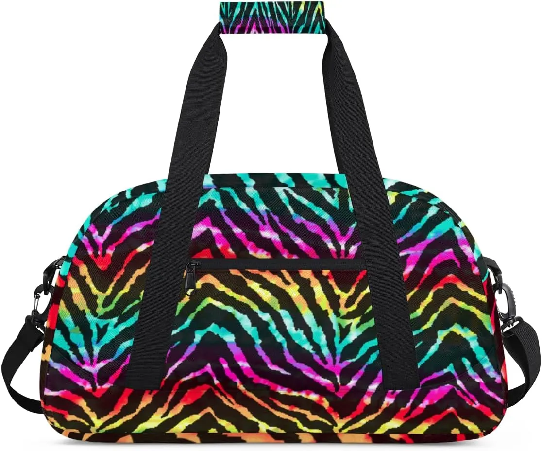 Rainbow Zebra Print Gym Duffel Bag for Men Women Zebra Print Sports Tote Bag with Adjustable Shoulder Strap for Dance Gymnastics Traveling Outdoor Camping Overnight Stay