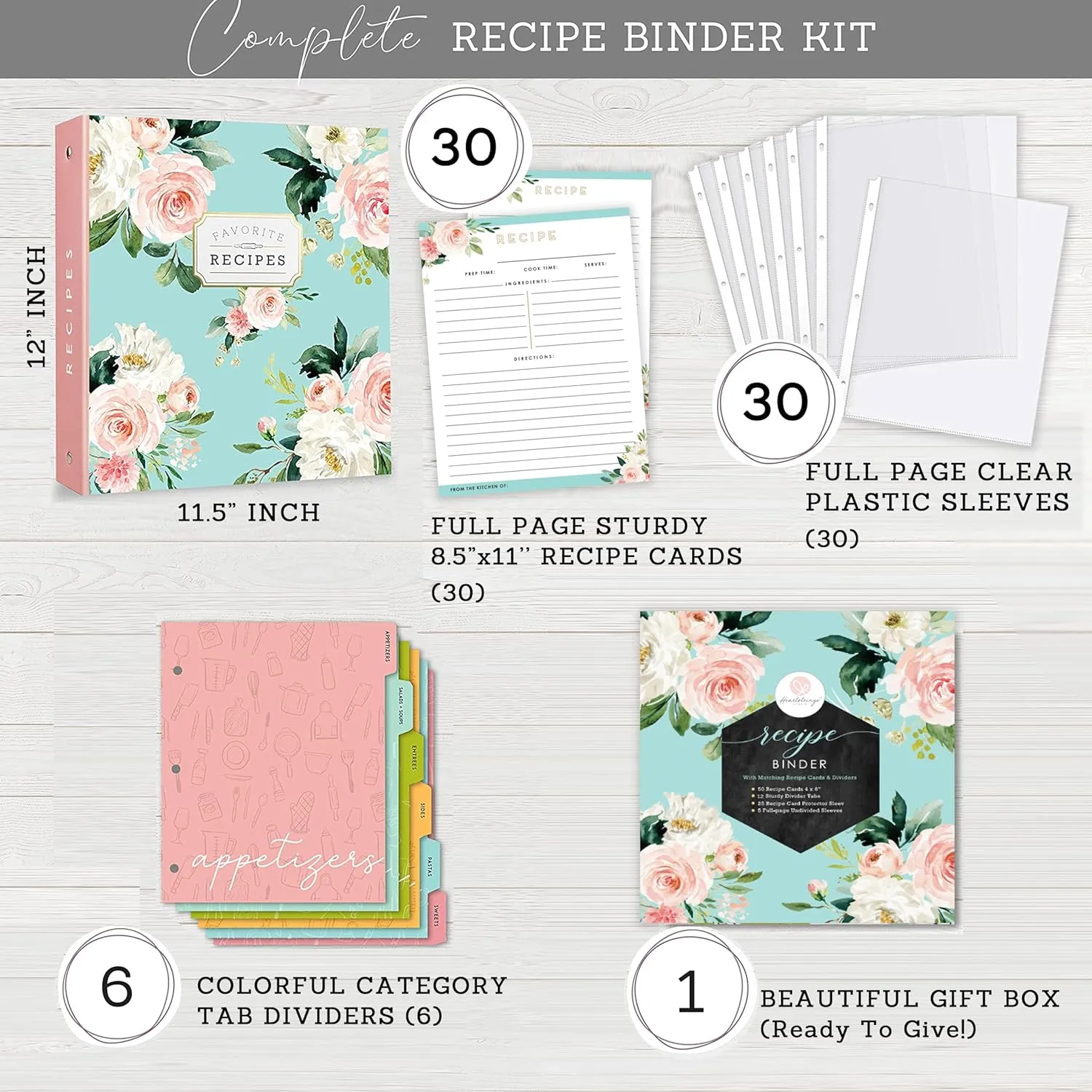 Recipe Binder 3 Ring Organizer Blank Recipe Book 8.5x11 Full-Page with Clear Protective Sleeves, Dividers, Plastic Page Protectors Recipe Book to Write in Your own Recipes
