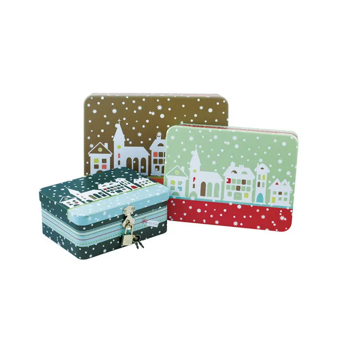 Rectangular Solid Lid Stackable Storage Tin with Lock - Set of 3