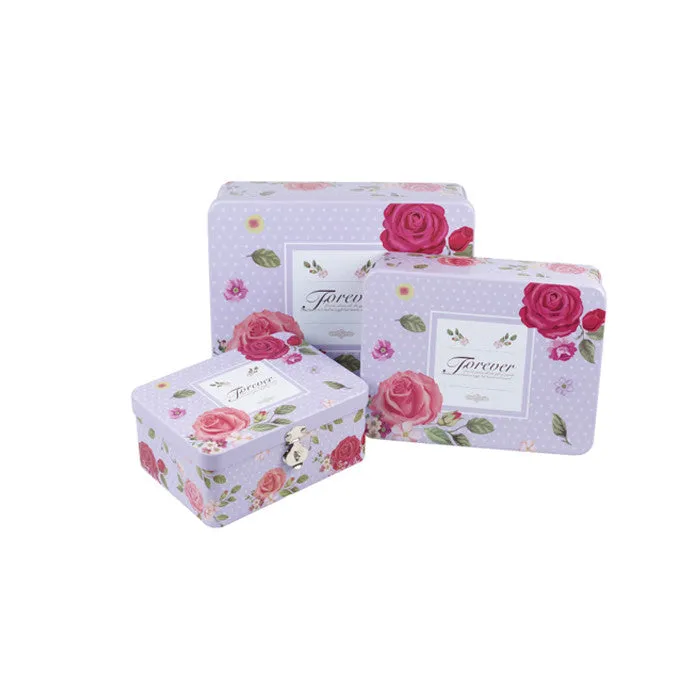 Rectangular Solid Lid Stackable Storage Tin with Lock - Set of 3