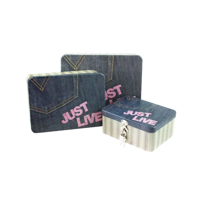 Rectangular Solid Lid Stackable Storage Tin with Lock - Set of 3