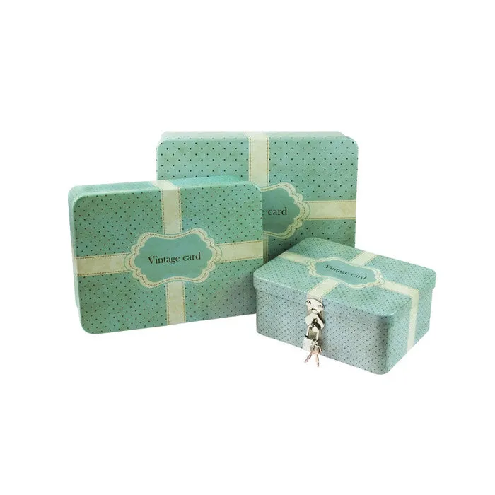 Rectangular Solid Lid Stackable Storage Tin with Lock - Set of 3